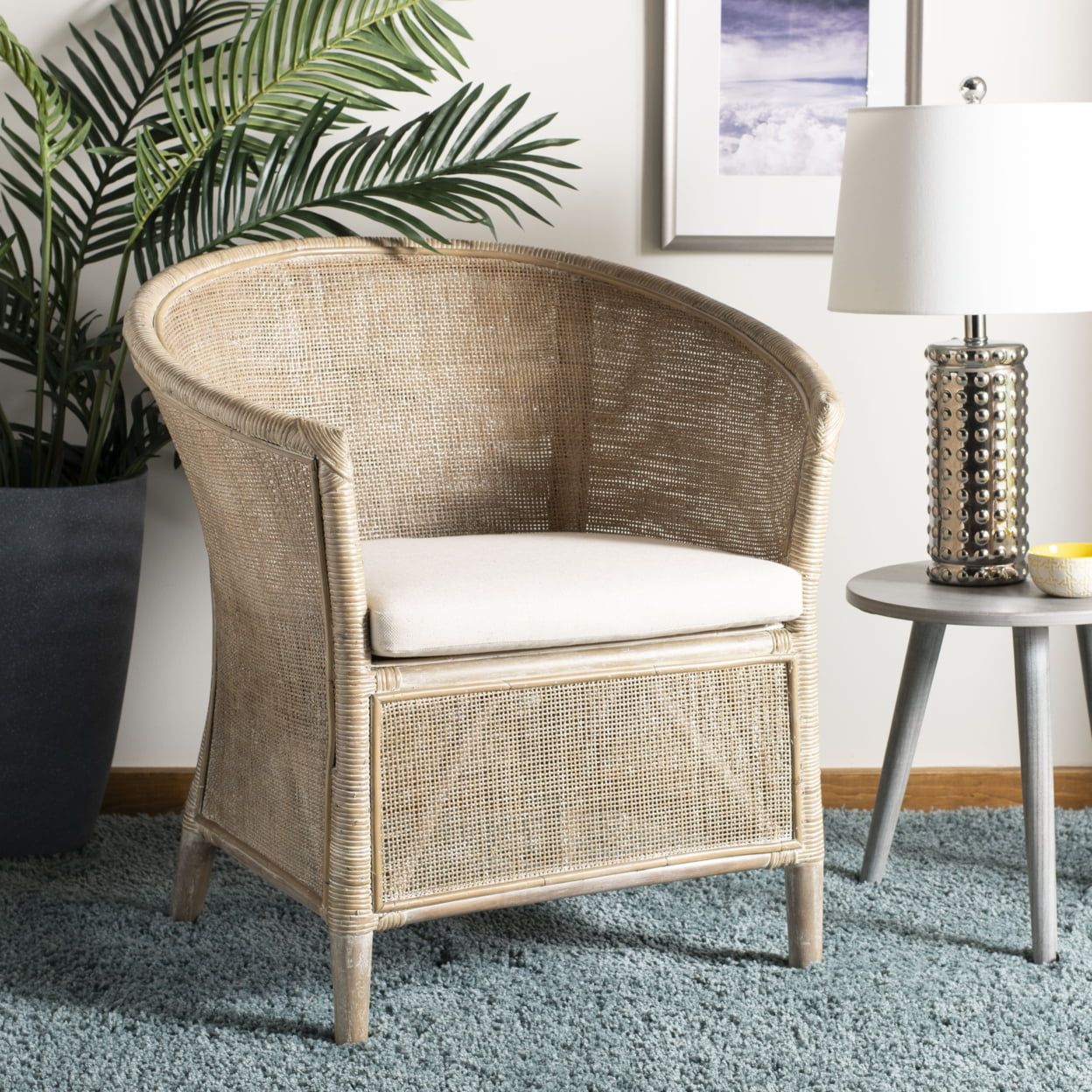 Transitional Whitewashed Rattan Armchair with Off-White Linen Cushion