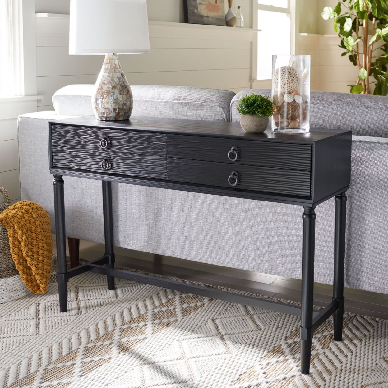 Riviera Elegance Black Wood and Metal Console Table with Storage