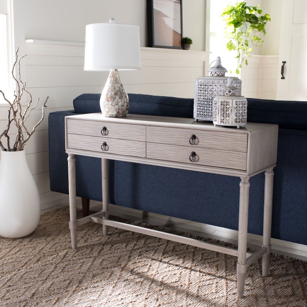 Aliyah Greige Wood and Metal 4-Drawer Console Table with Storage