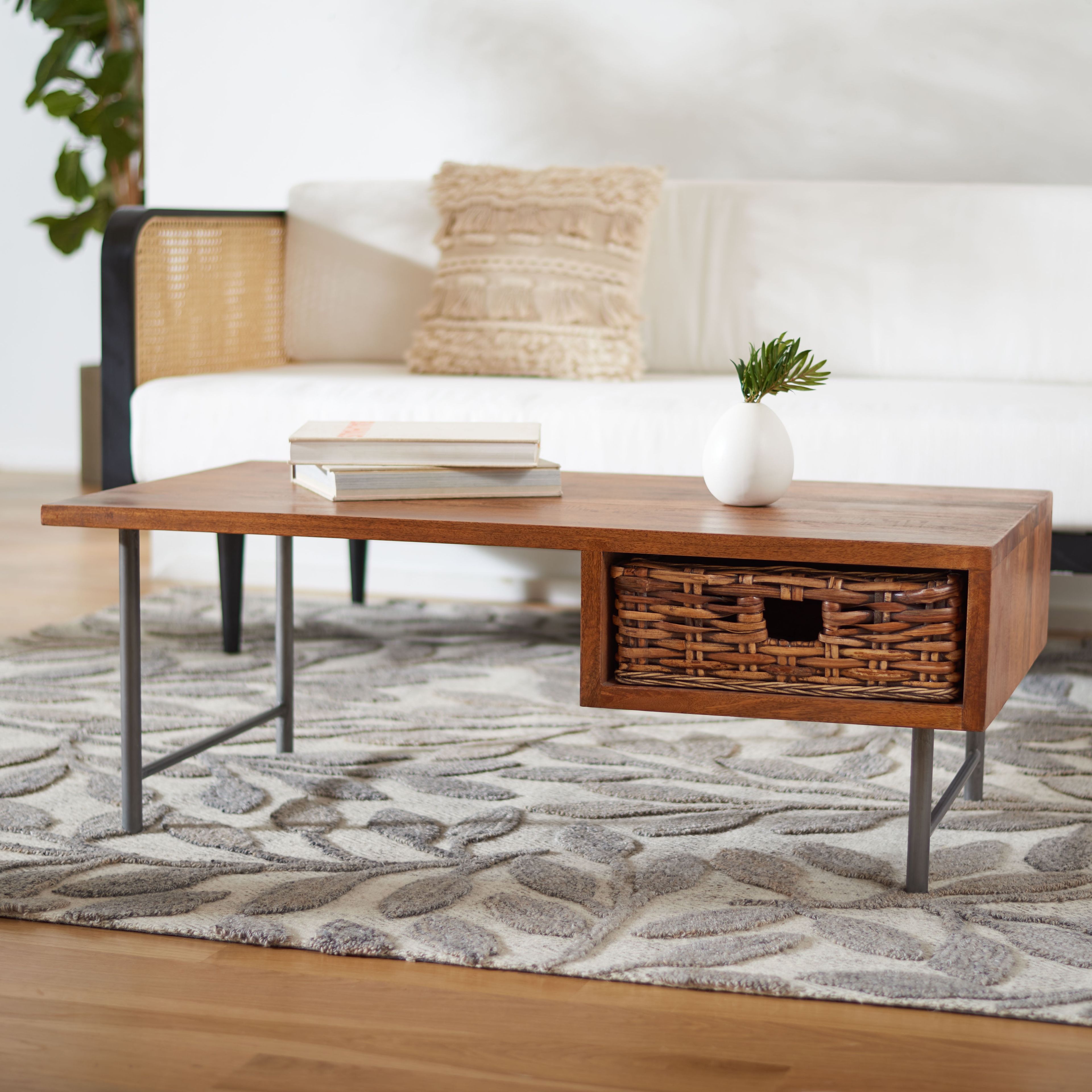 Allester Artistic Asymmetrical 48" Wood Coffee Table with Rattan Drawer