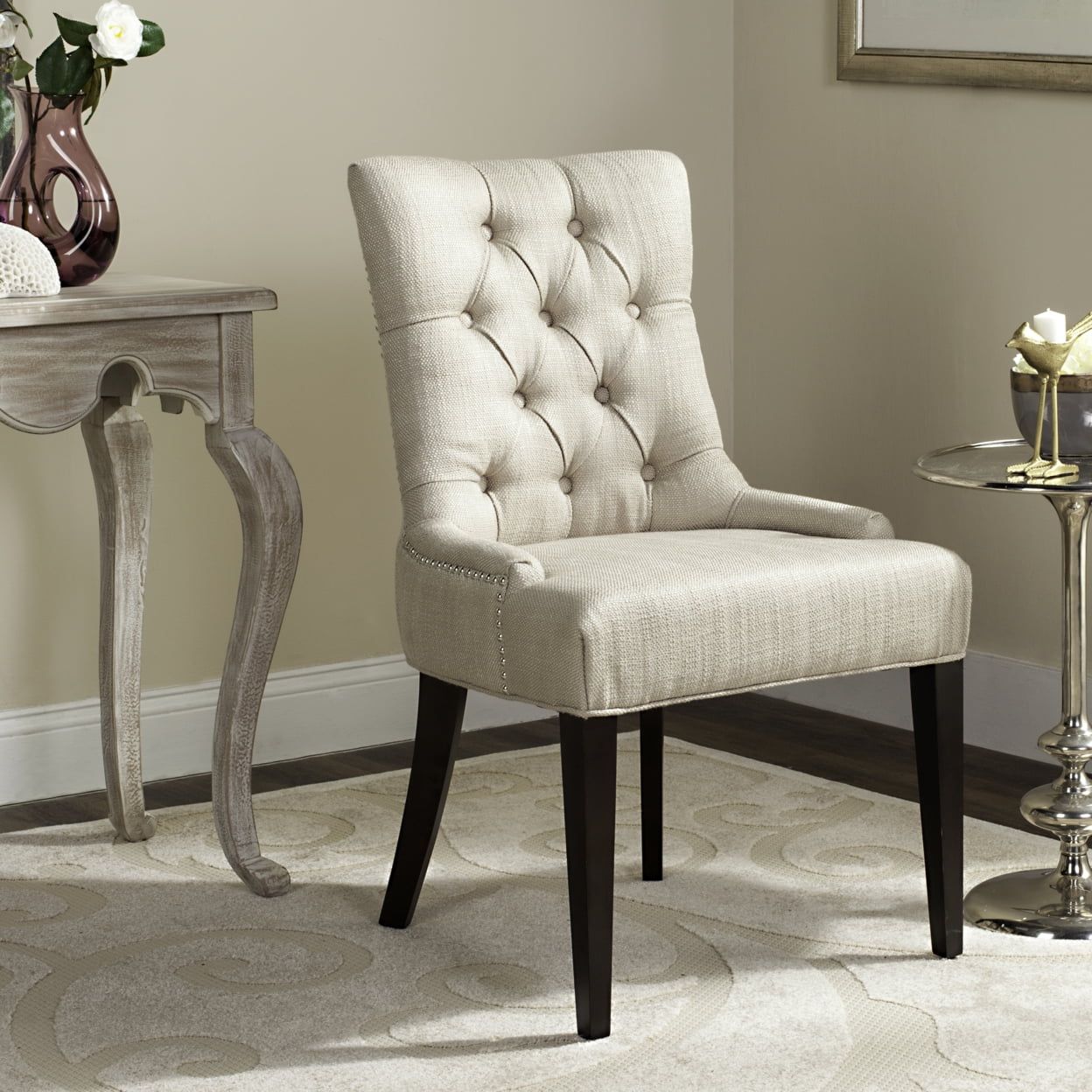 Amanda Beige Linen Tufted Side Chair with Espresso Legs