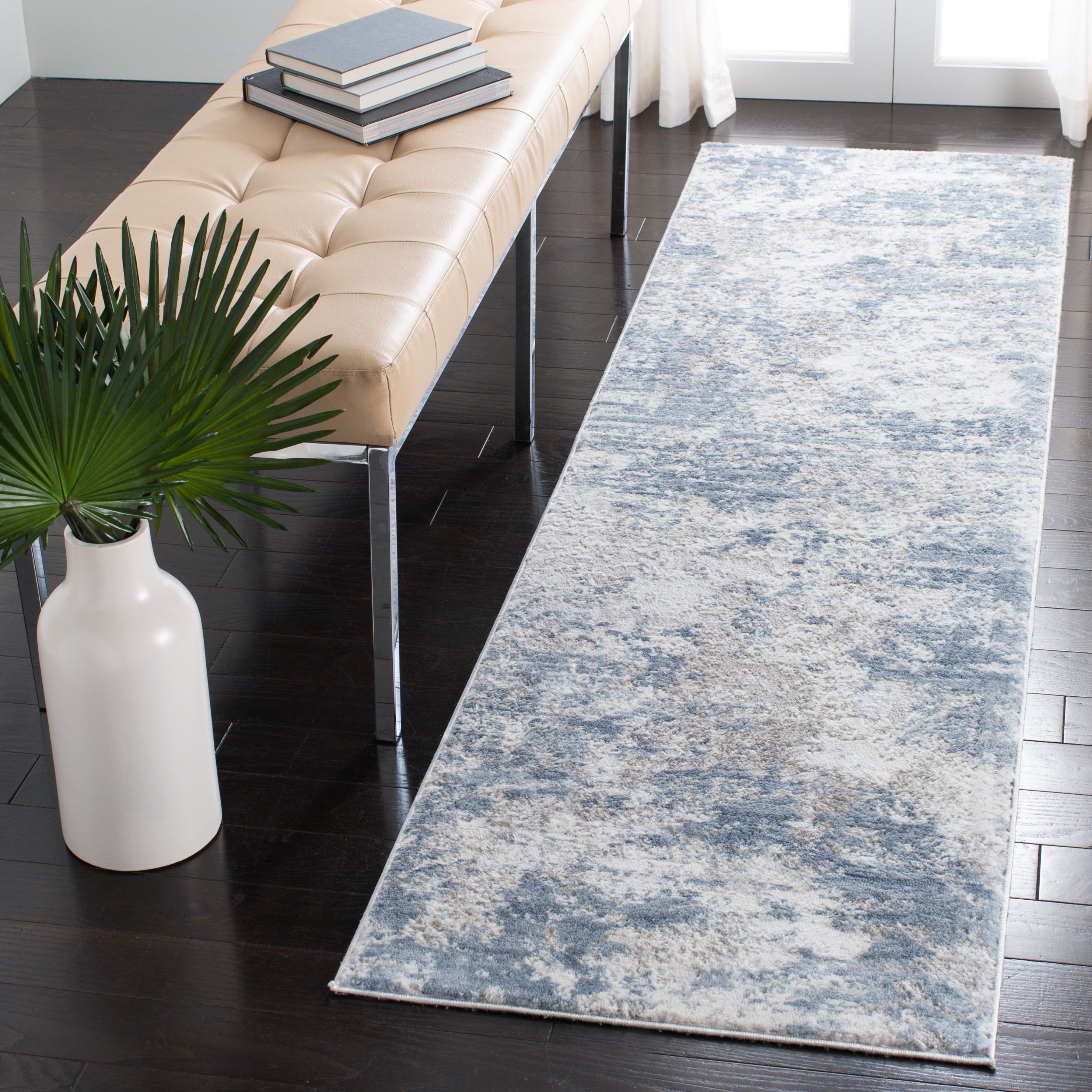 Elegant Grey/Blue Abstract Synthetic 26''x10'' Runner Rug