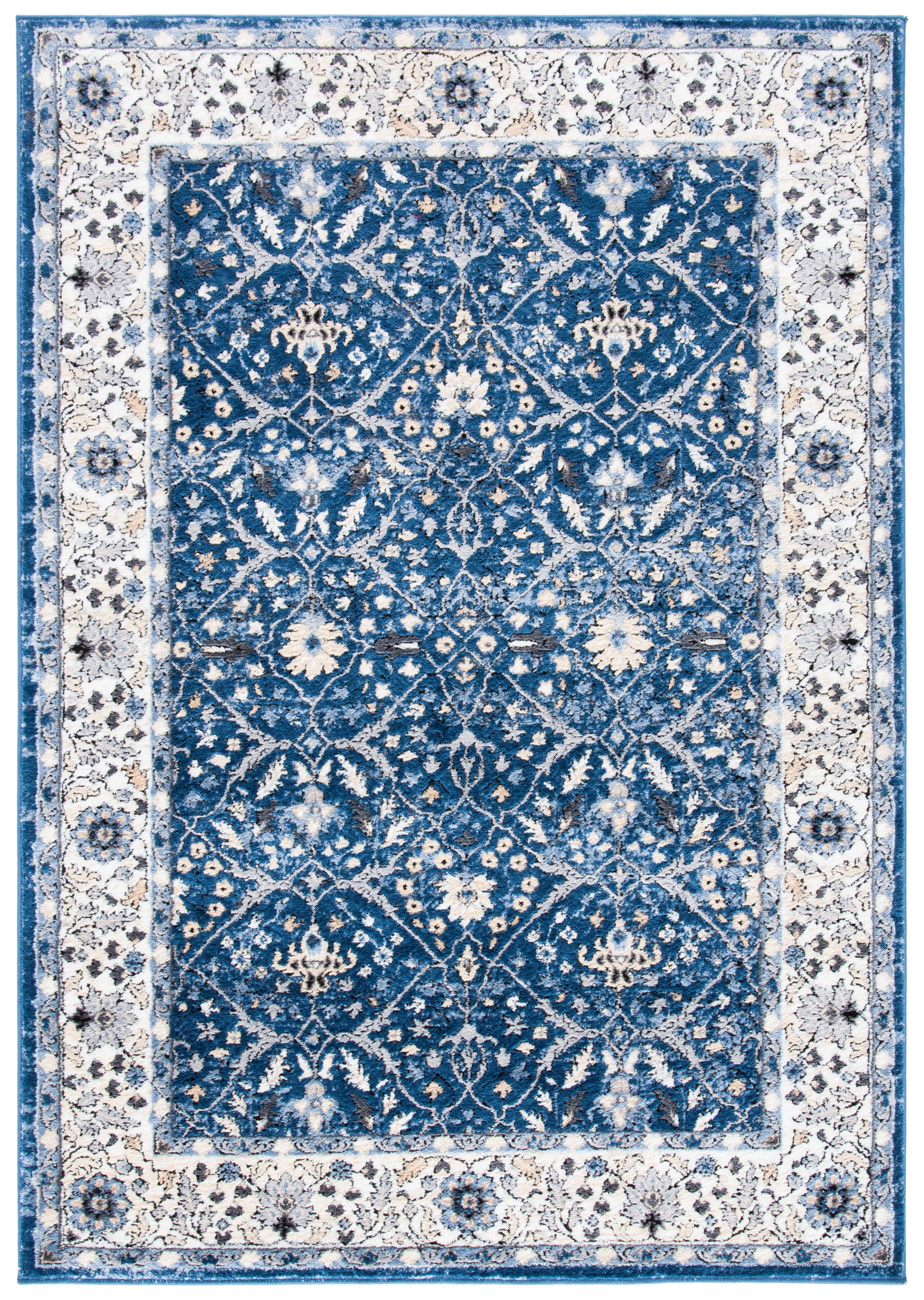 Navy and Ivory Floral Synthetic Area Rug, 8' x 10'