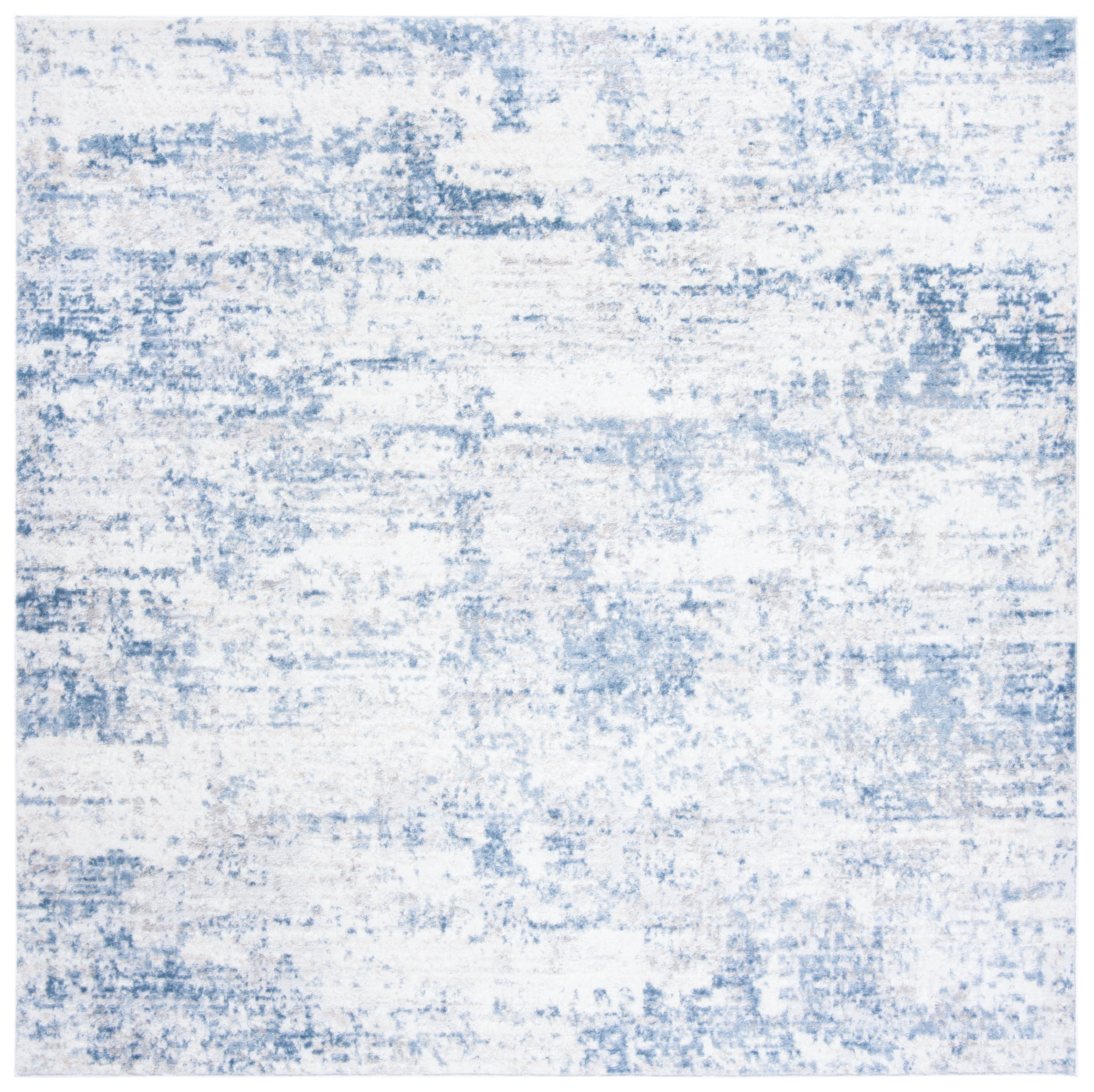 Reversible Abstract Blue and Ivory 11' Square Synthetic Area Rug