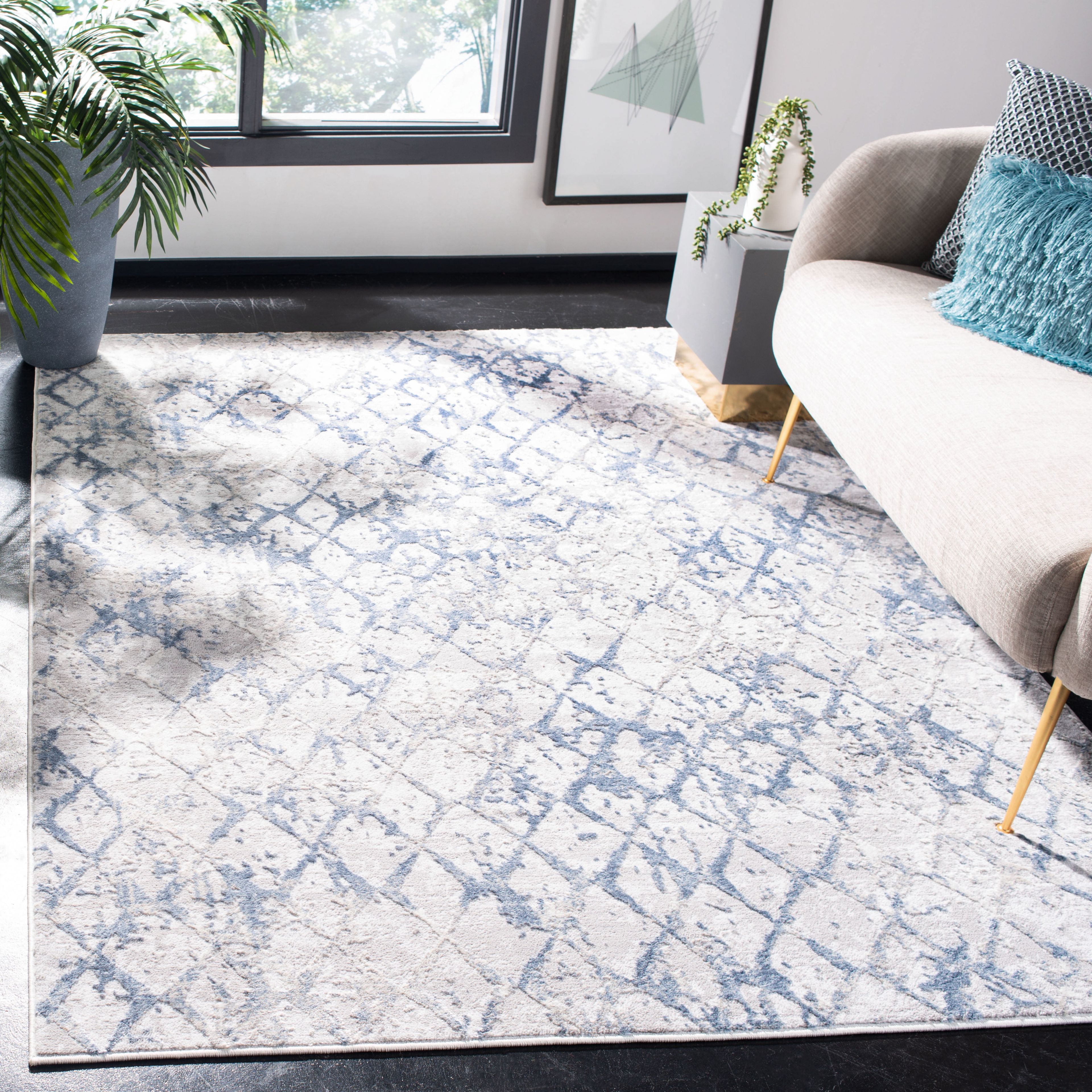 Amelia Light Grey and Blue Abstract 9' x 12' Synthetic Area Rug