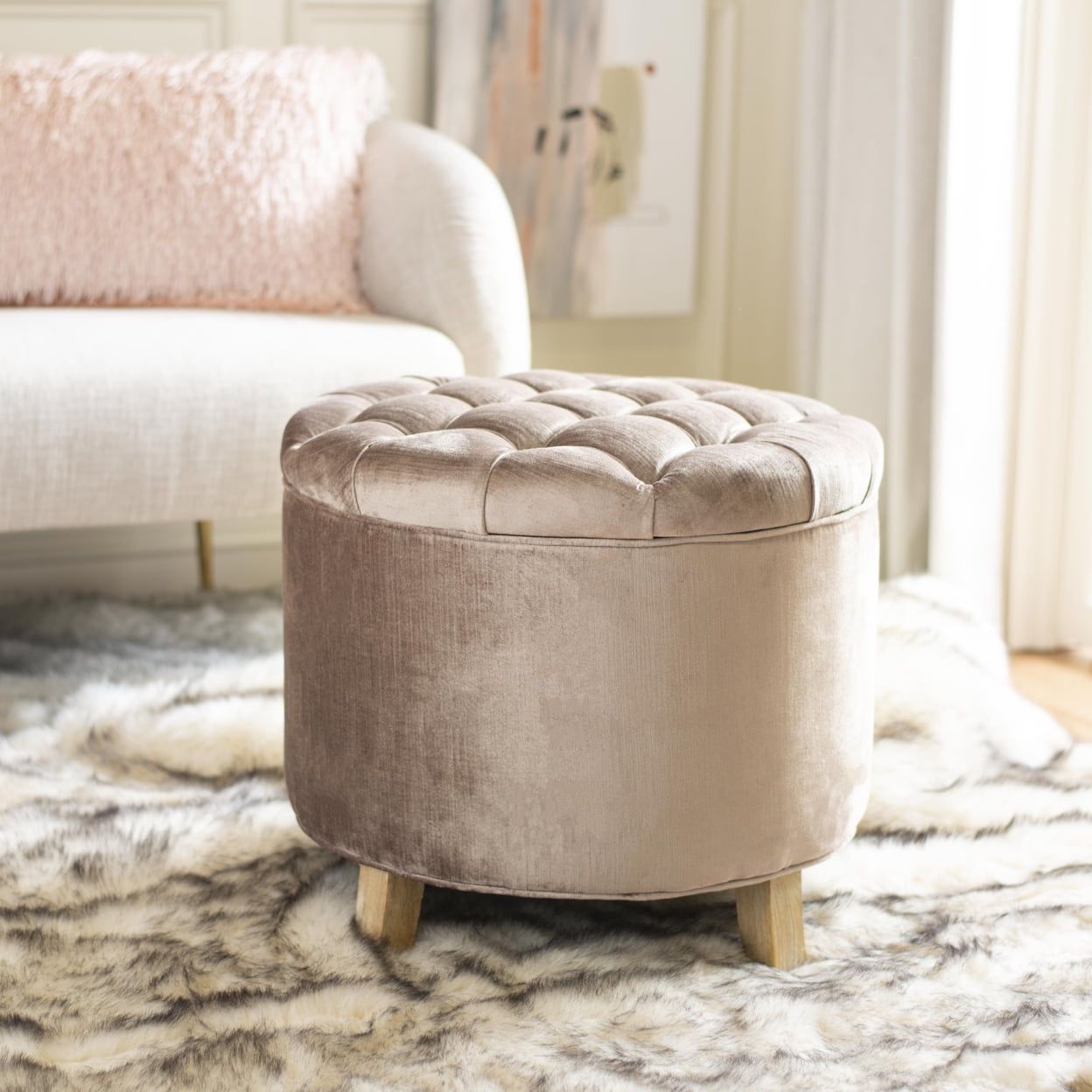 Transitional Pink Tufted Round Storage Ottoman with Oak Legs