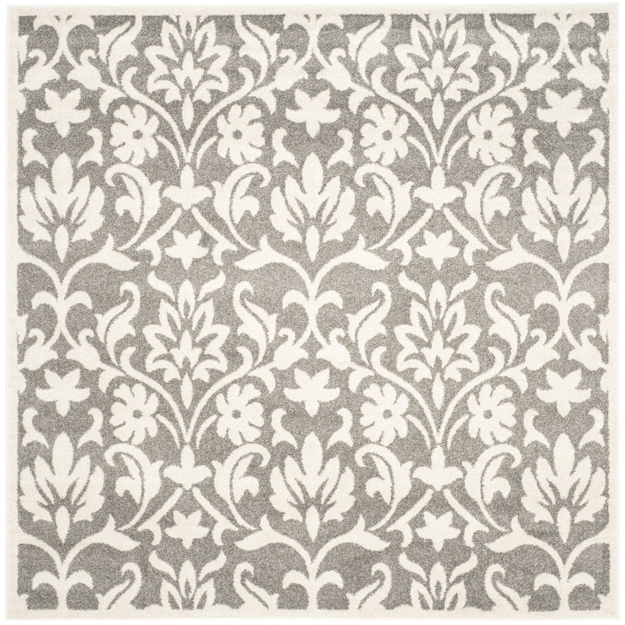 Gray and White Floral Synthetic Square Area Rug