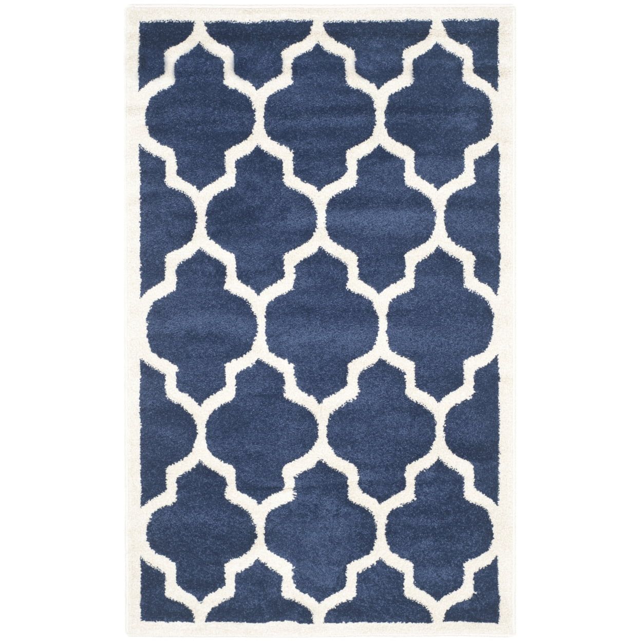 Navy and Beige 36" Square Geometric Synthetic Area Rug