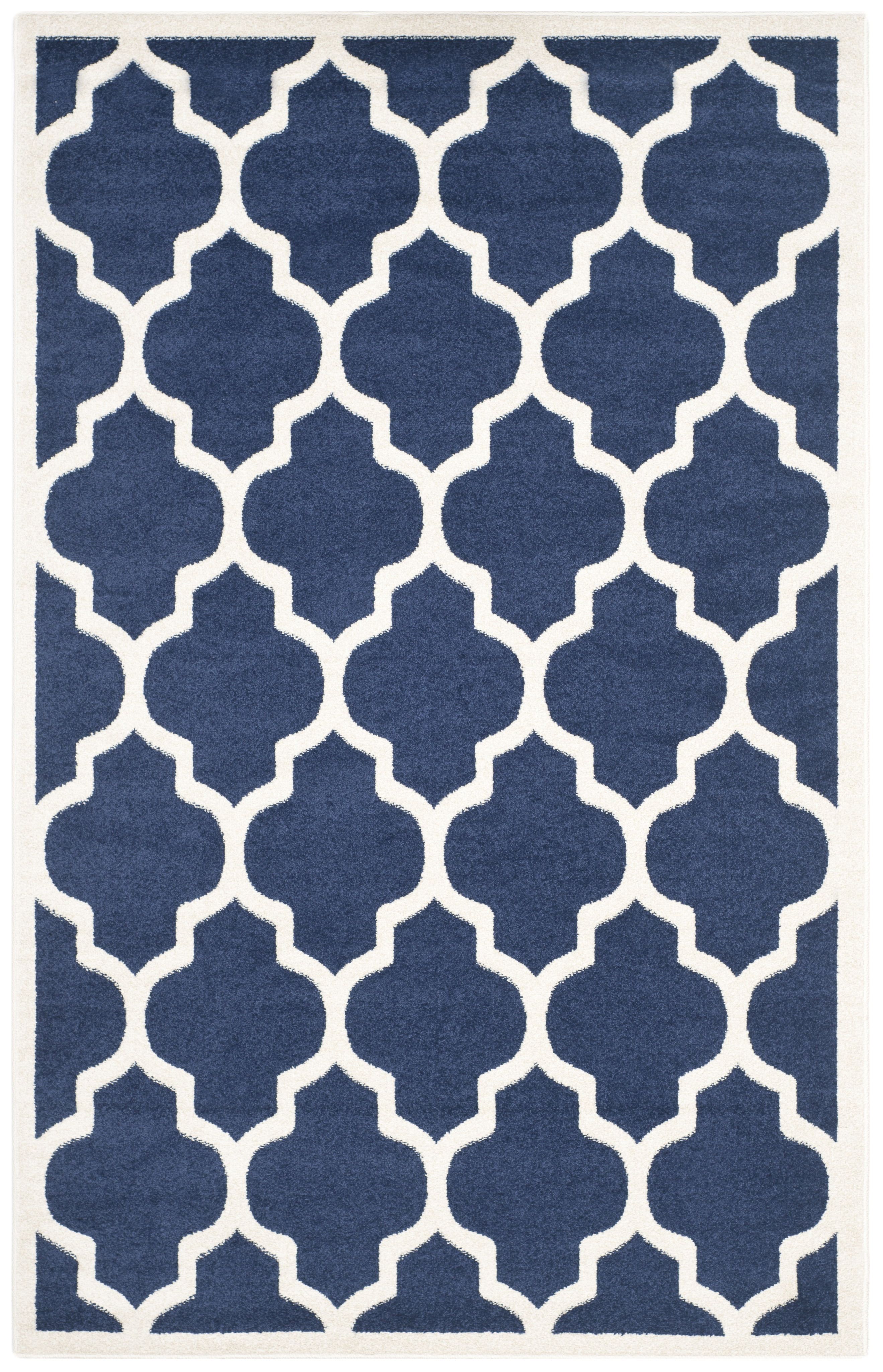 Reversible Geometric Navy and Beige 5' x 8' Synthetic Area Rug