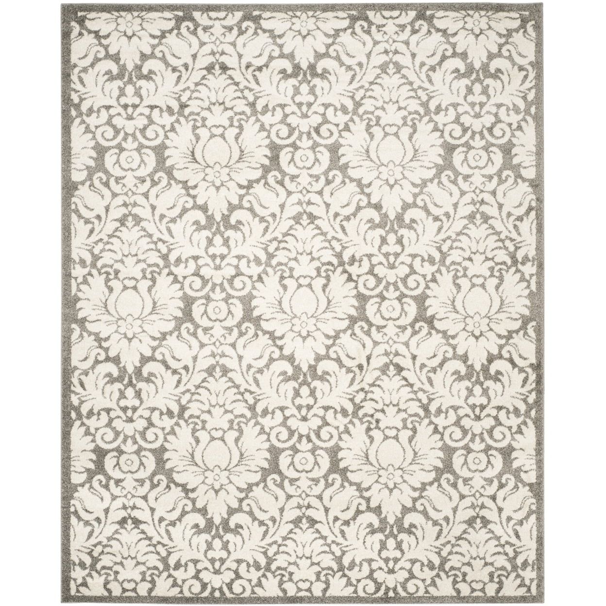 Gray and Cream Damask Synthetic 9' x 12' Area Rug