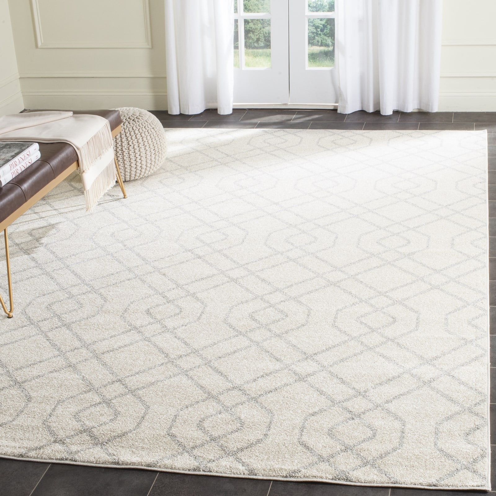 Ivory and Light Grey Geometric 9' x 12' Area Rug