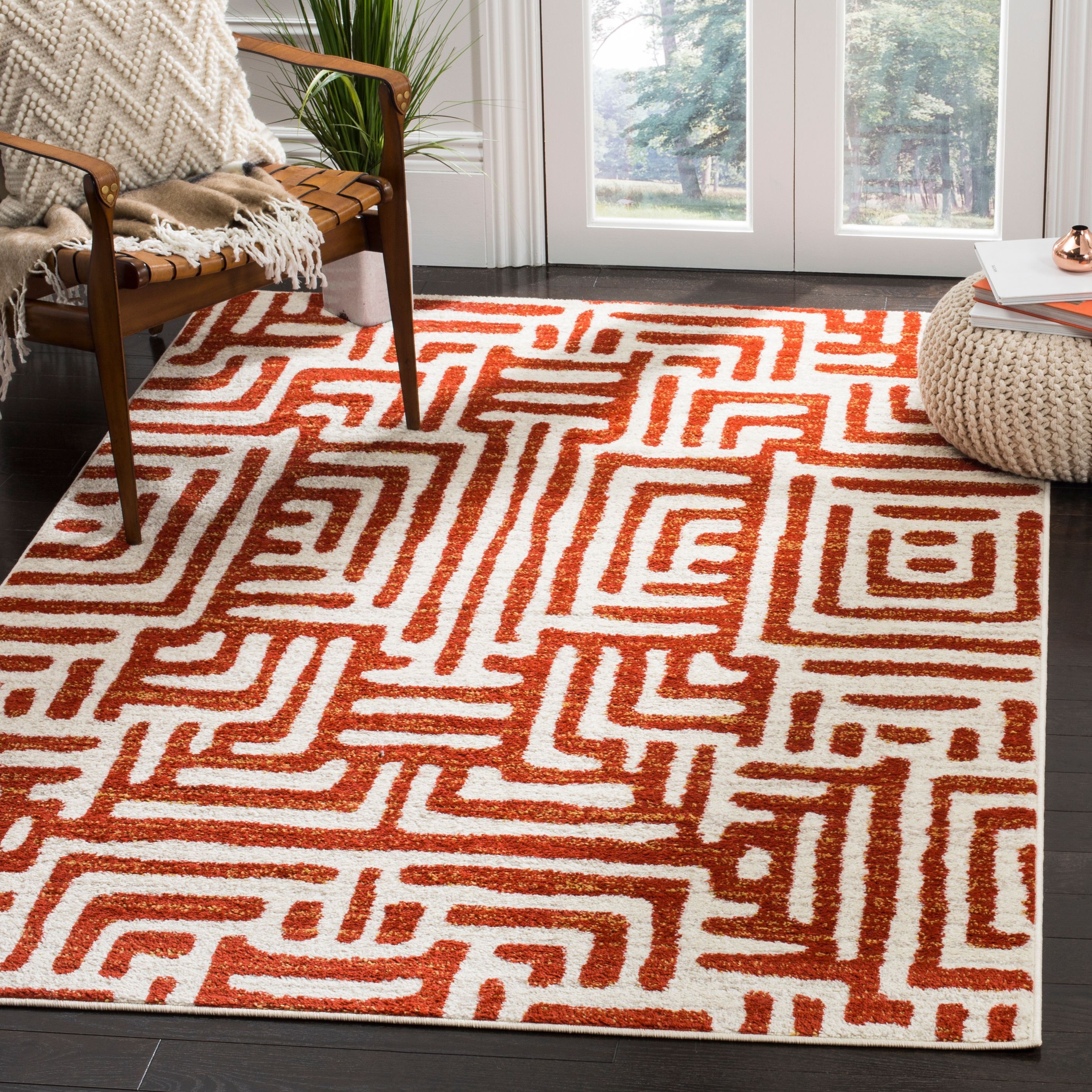 Ivory and Terracotta Geometric Synthetic Area Rug, 5' x 8'