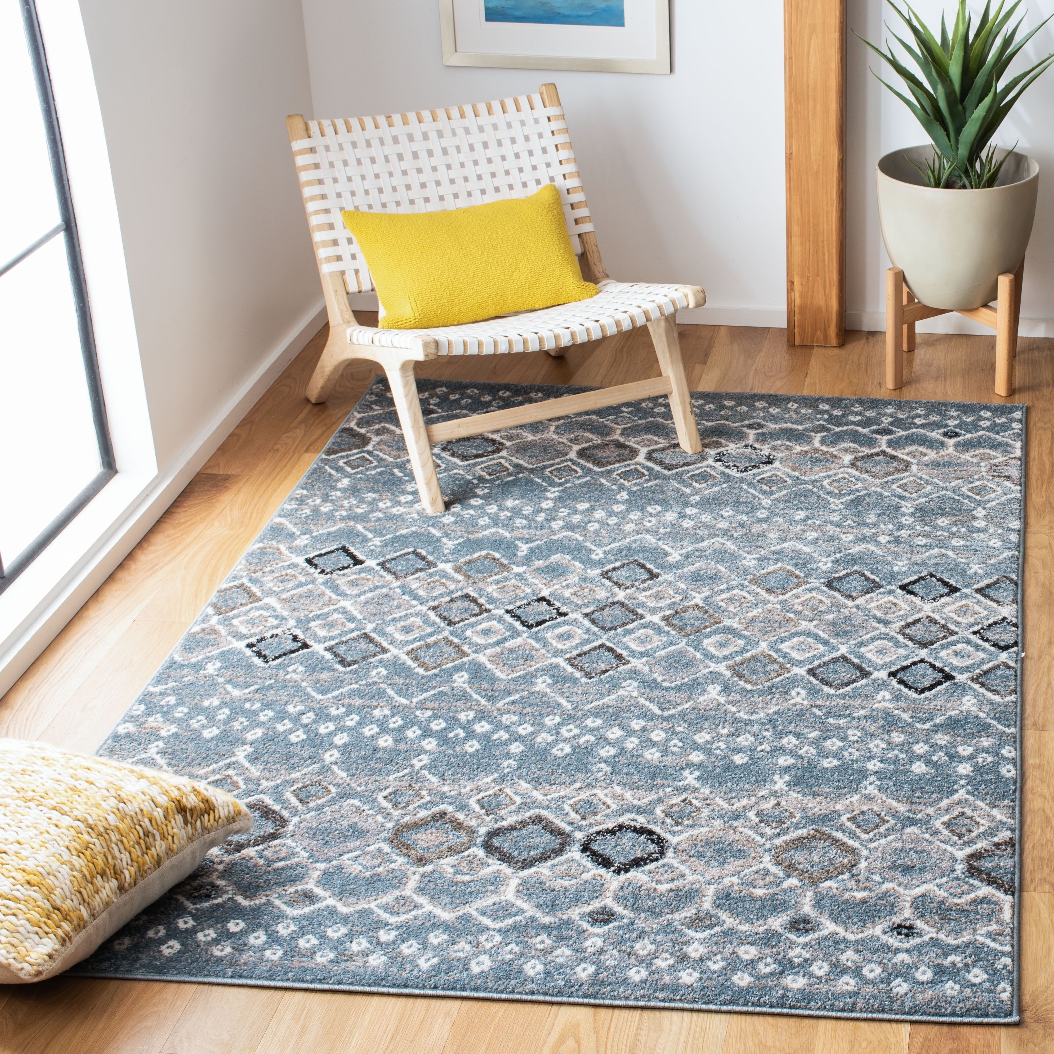 Blue and Ivory Geometric Square Synthetic Area Rug