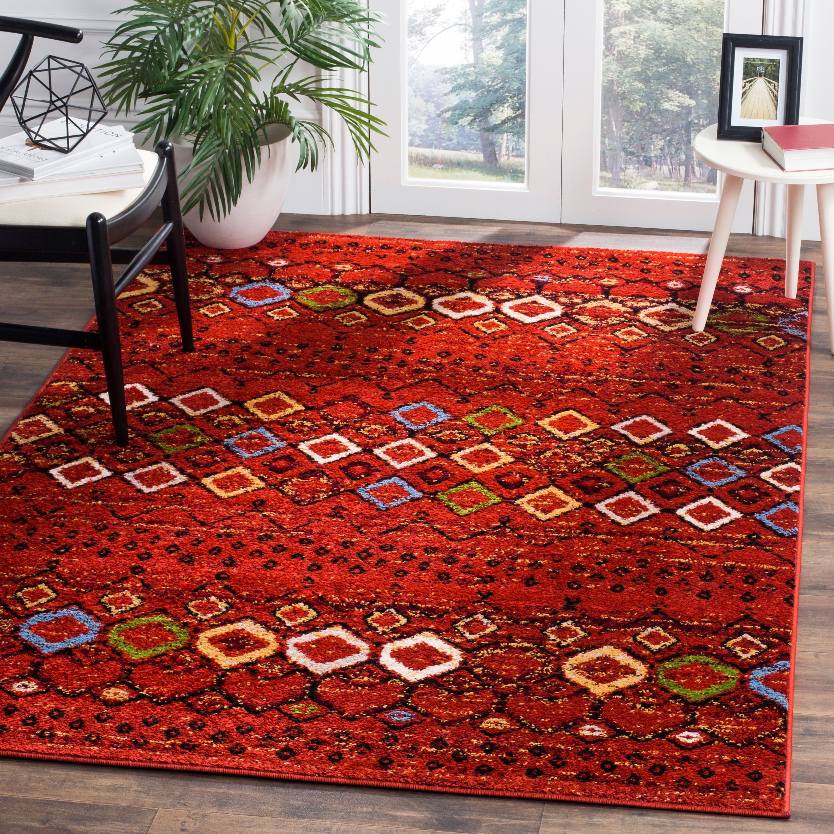 Terracotta and Multi Geometric Easy-Care Synthetic Area Rug, 5'1" Square