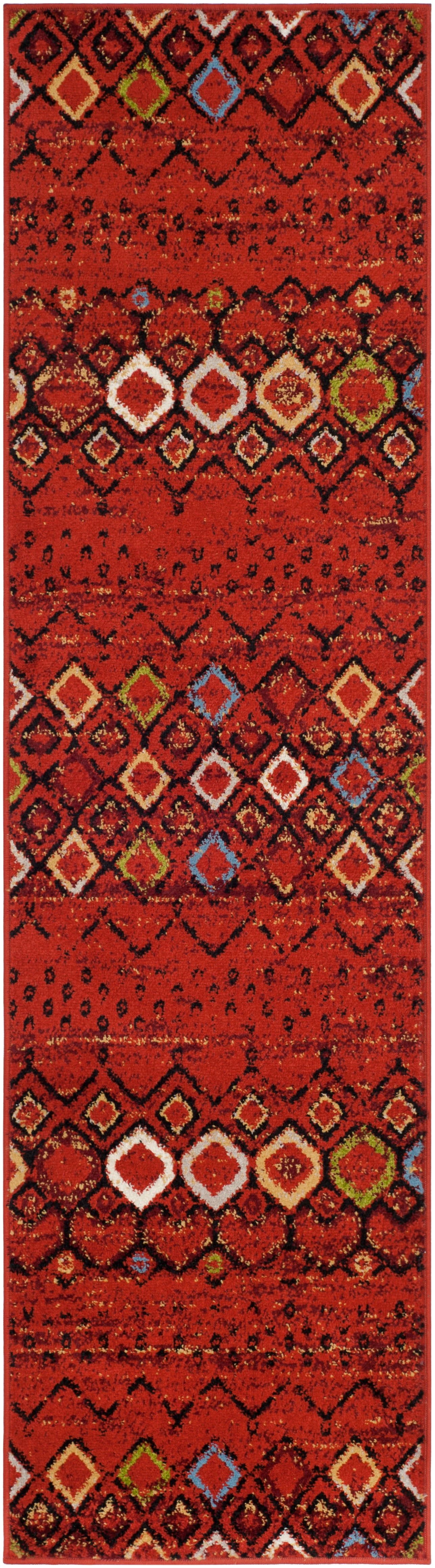 Terracotta and Multi Geometric 27'' Synthetic Easy-Care Runner Rug