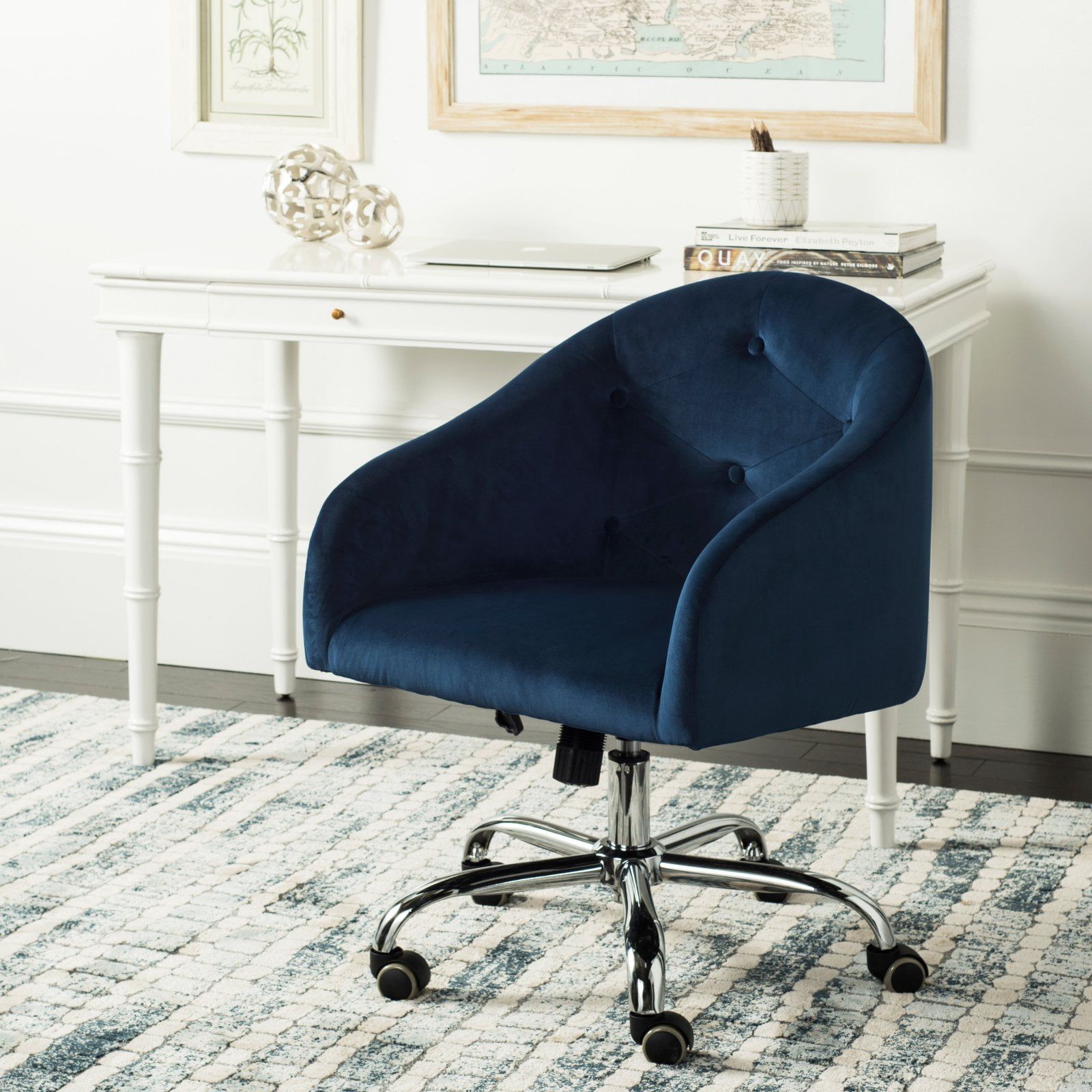 Transitional Navy Velvet Swivel Arm Chair with Chrome Legs