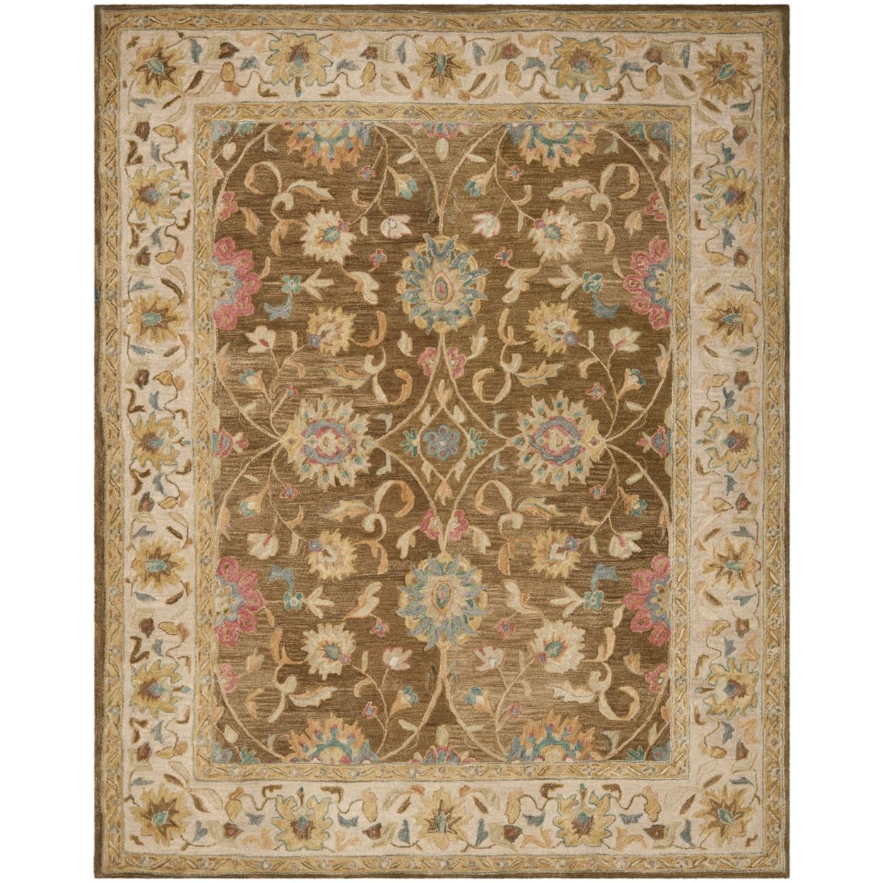 Hand-Tufted Brown and Ivory Wool Floral Area Rug, 5' x 8'