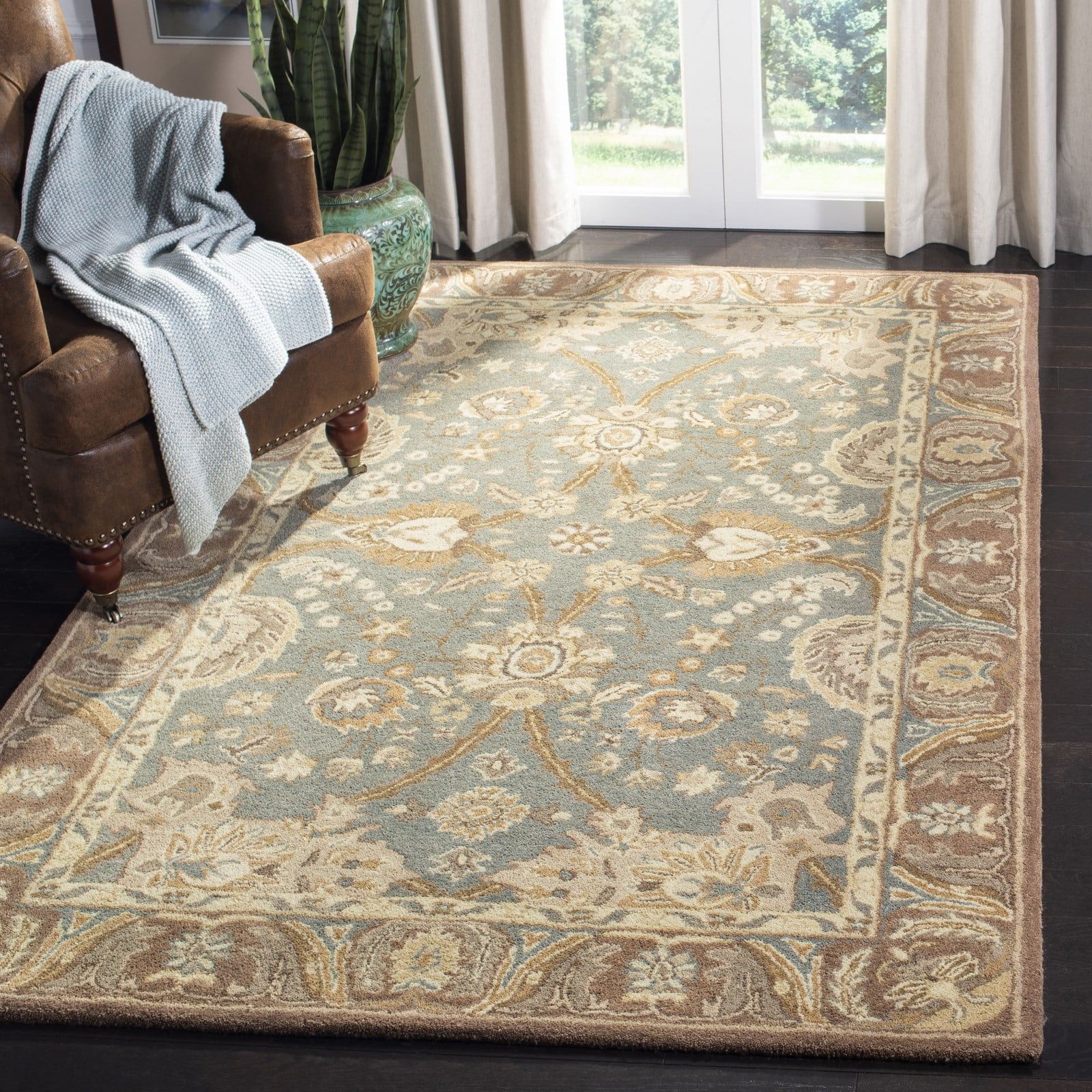 Teal and Camel Floral Wool Area Rug, 9' x 12'