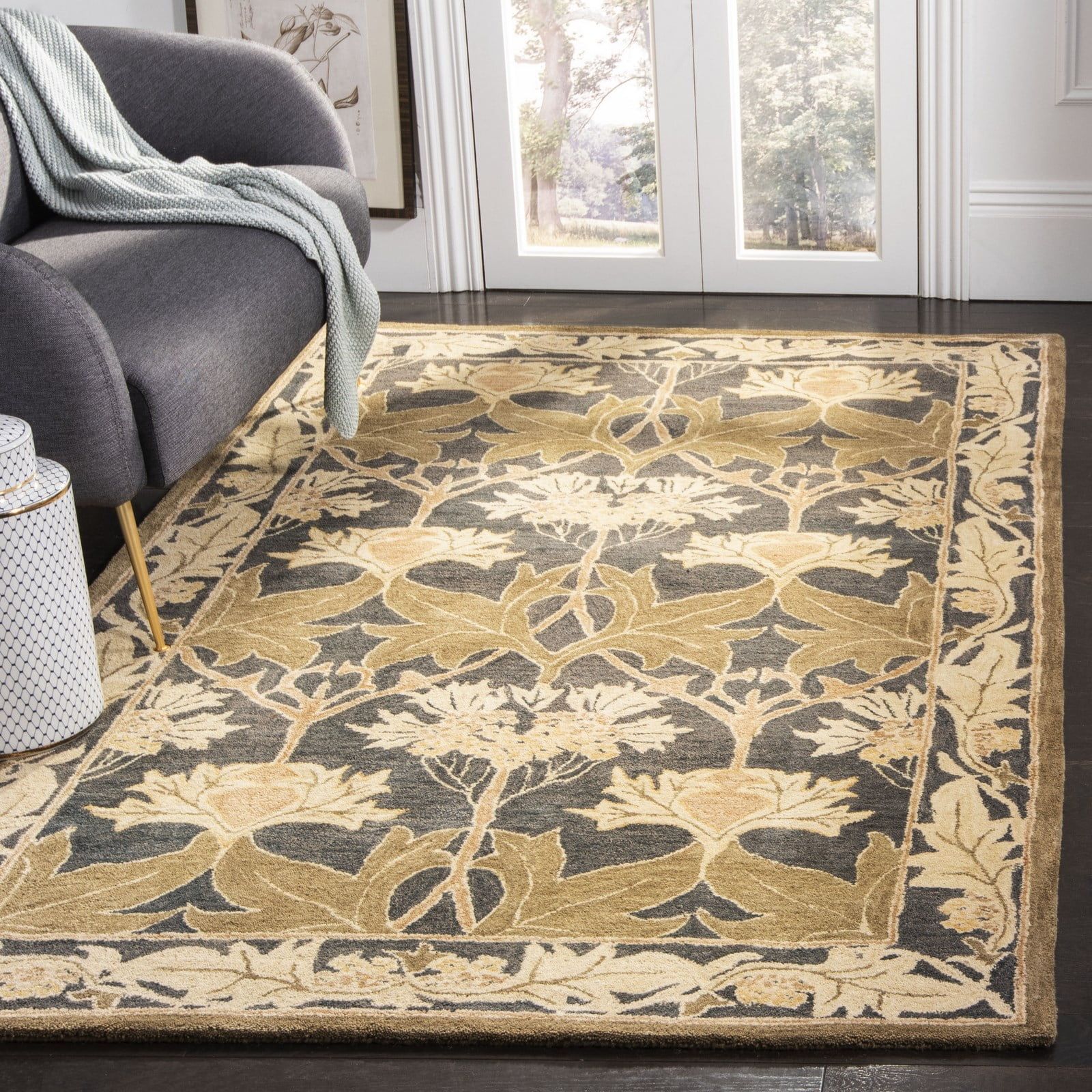 Navy and Sage Floral Wool Tufted Area Rug, 5' x 8'