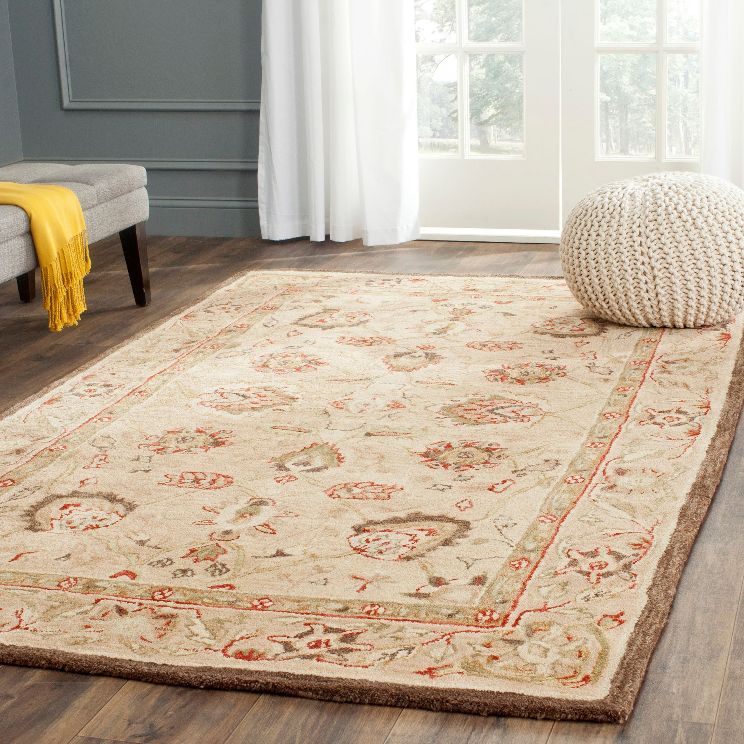 Elegant Beige Floral Hand-Tufted Wool Area Rug, 5' x 8'