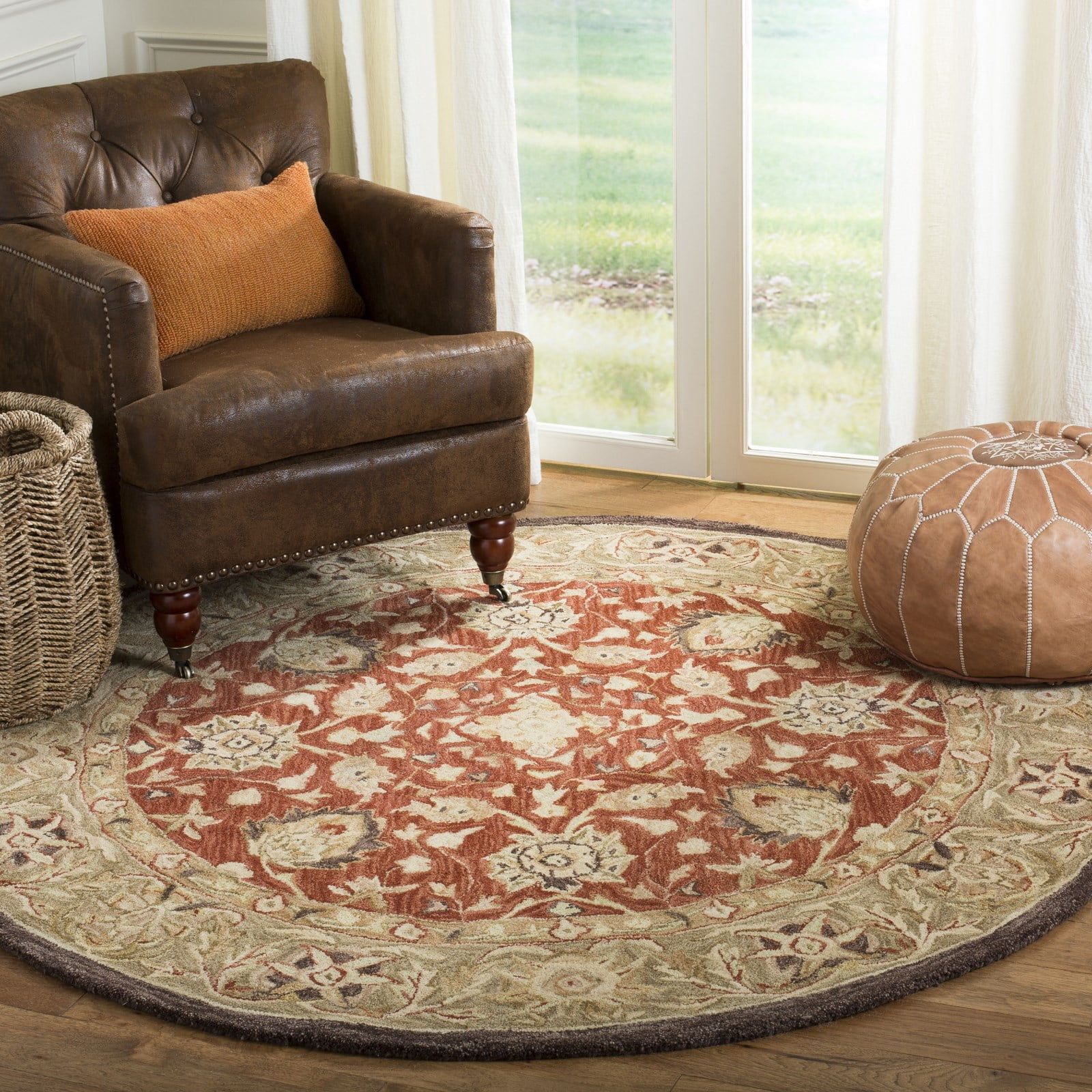 Handmade Rust and Green Wool Floral Round Rug, 4' x 4'