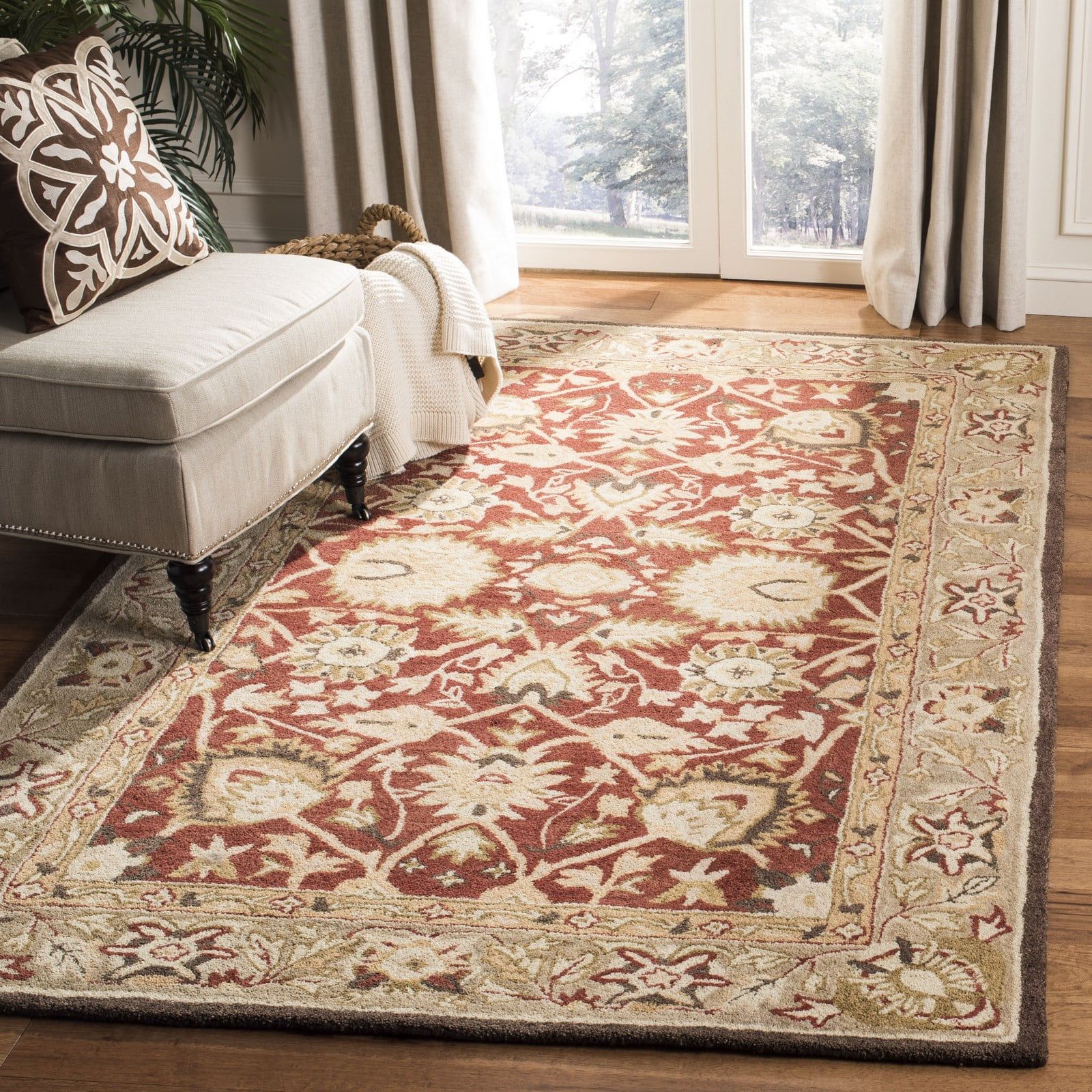 Hand-Tufted Rust and Green Wool Area Rug, 5' x 8'