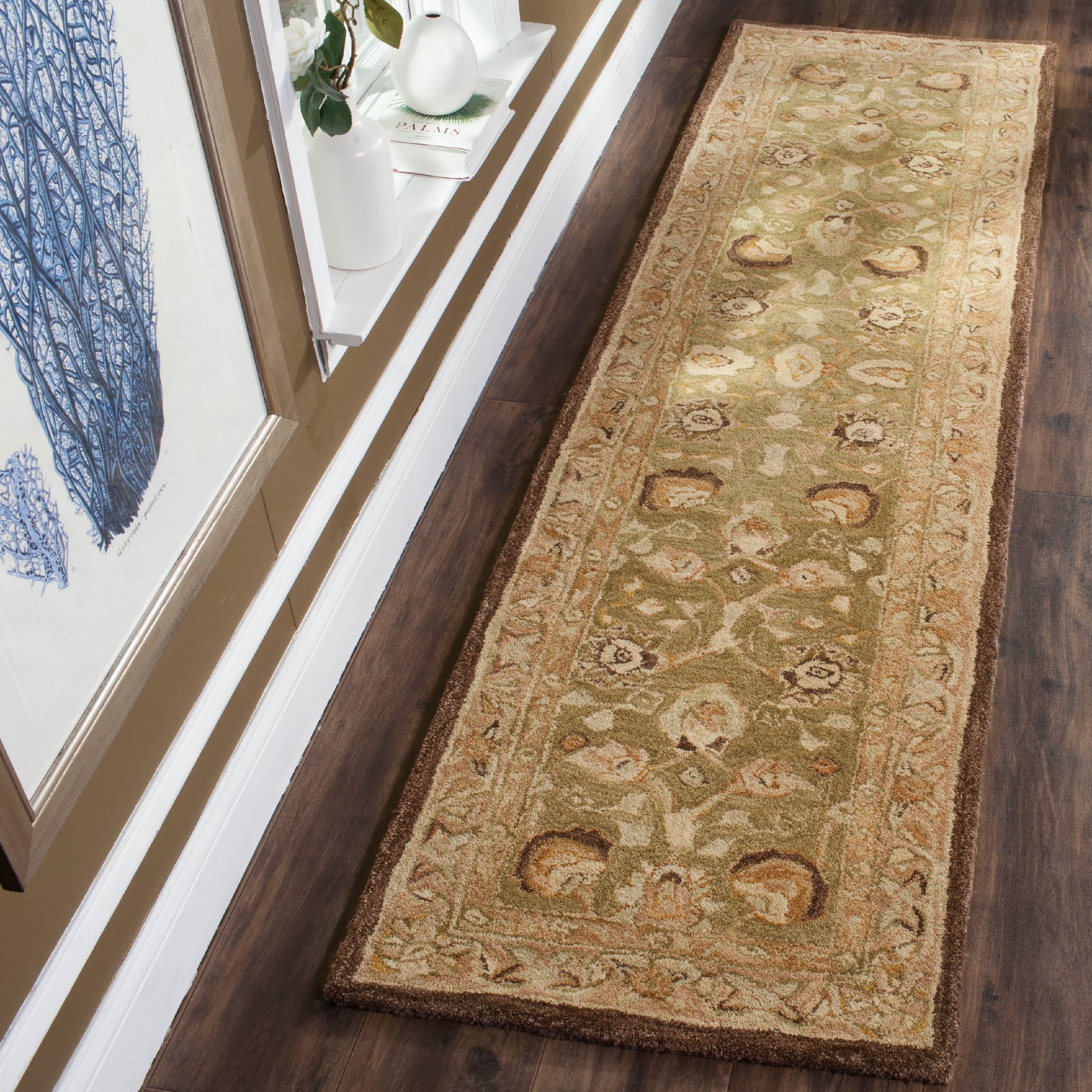 Handmade Sage and Beige Floral Wool Runner Rug