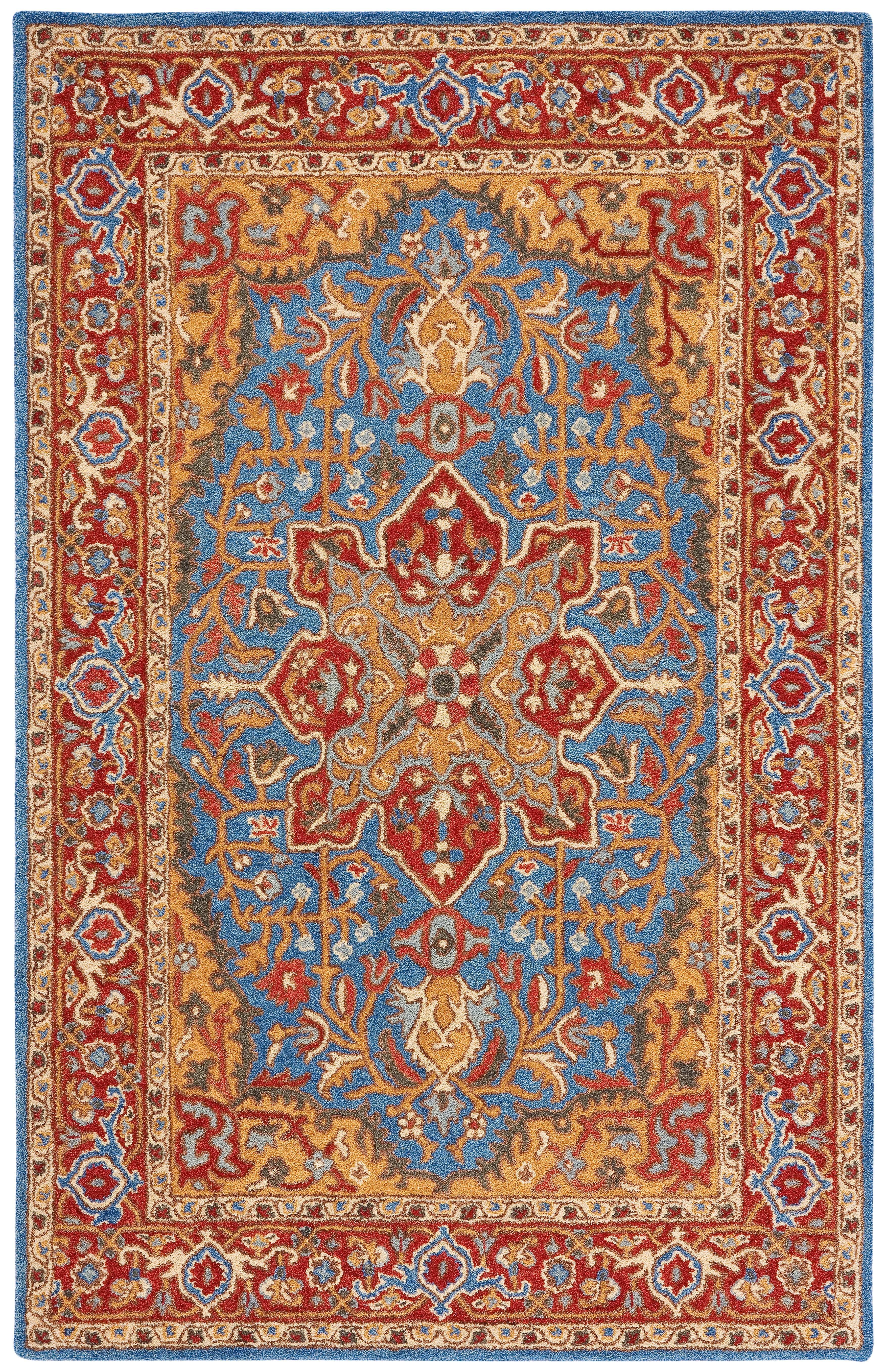 Hand-Tufted Red and Blue Wool Oriental Area Rug, 5' x 8'