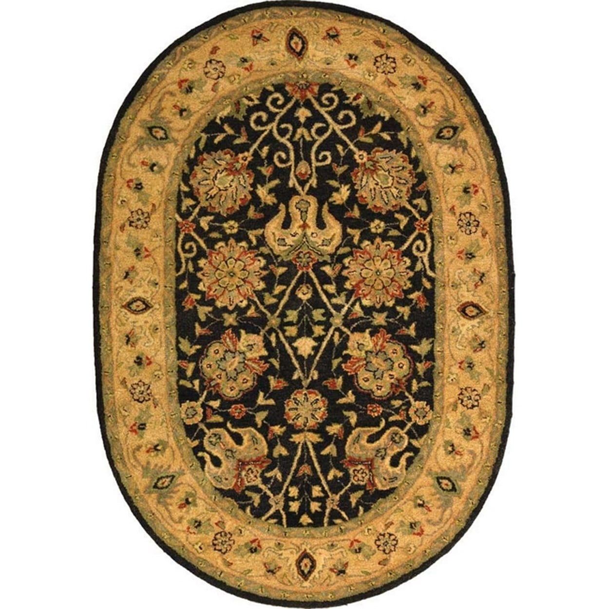 Handmade Black and Gold Oval Wool Area Rug, 4'6" x 6'6"
