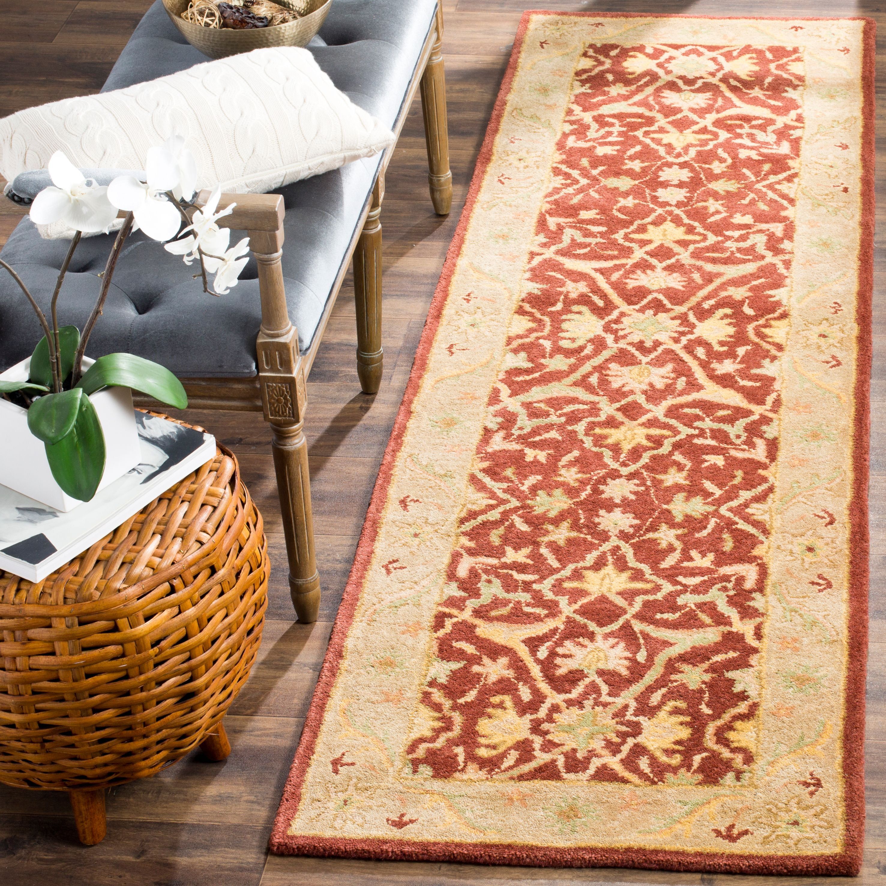 Handmade Ivory and Rust Wool Floral Runner Rug, 2'3" x 12'