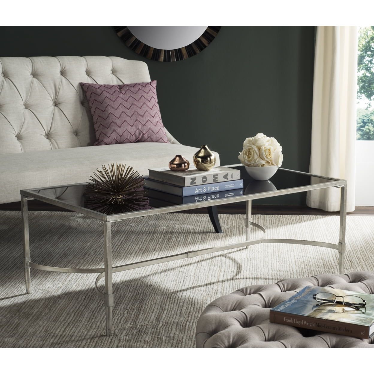 Transitional Rectangular Metal and Glass Coffee Table, Silver/Black