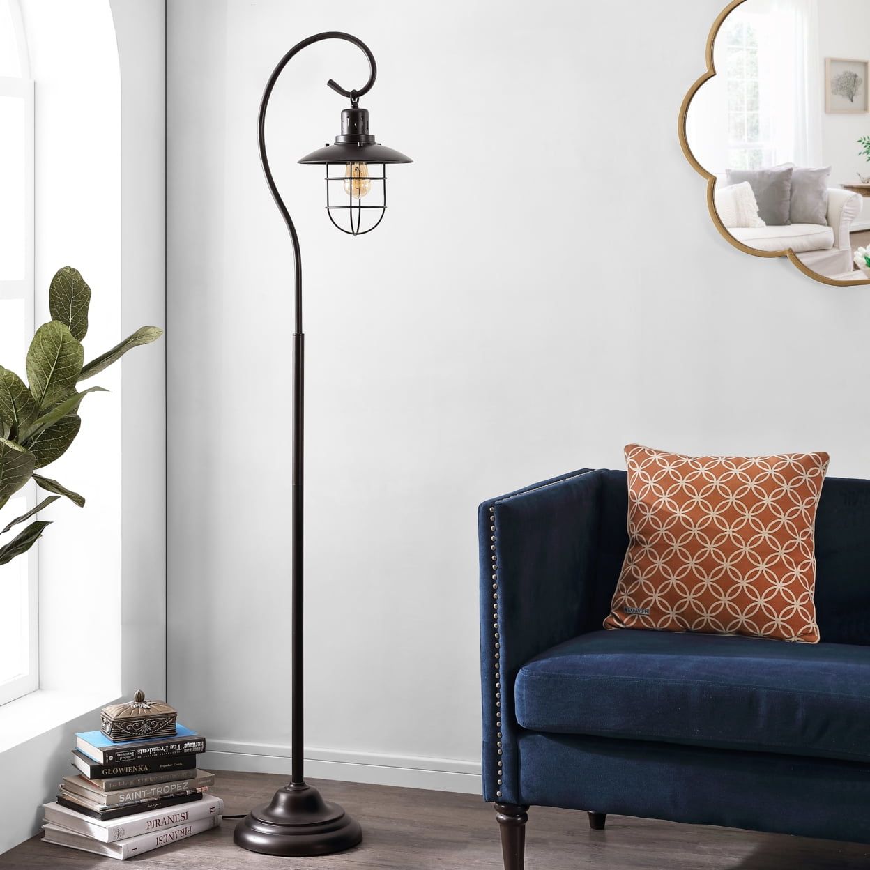 Archie Curved Black Iron Lantern-Style Floor Lamp