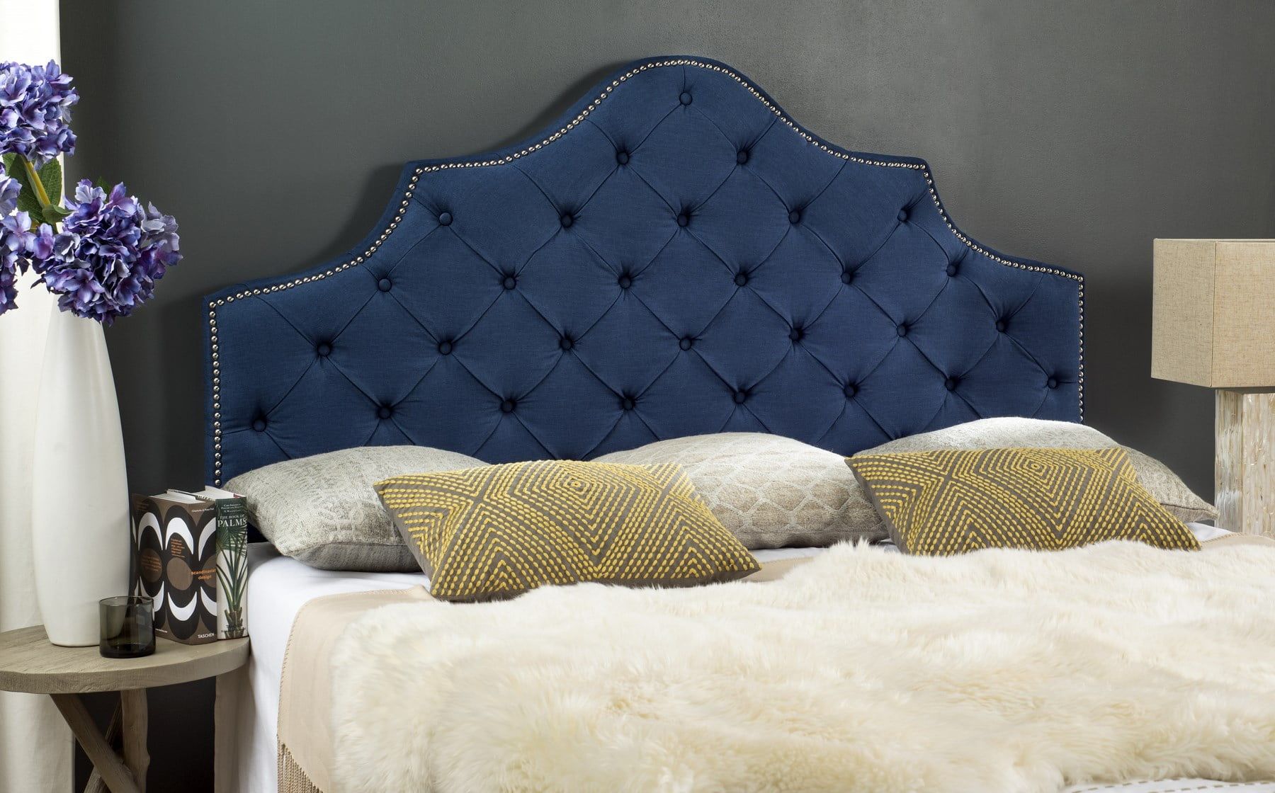 Steel Blue Tufted Queen Upholstered Headboard with Nailhead Trim