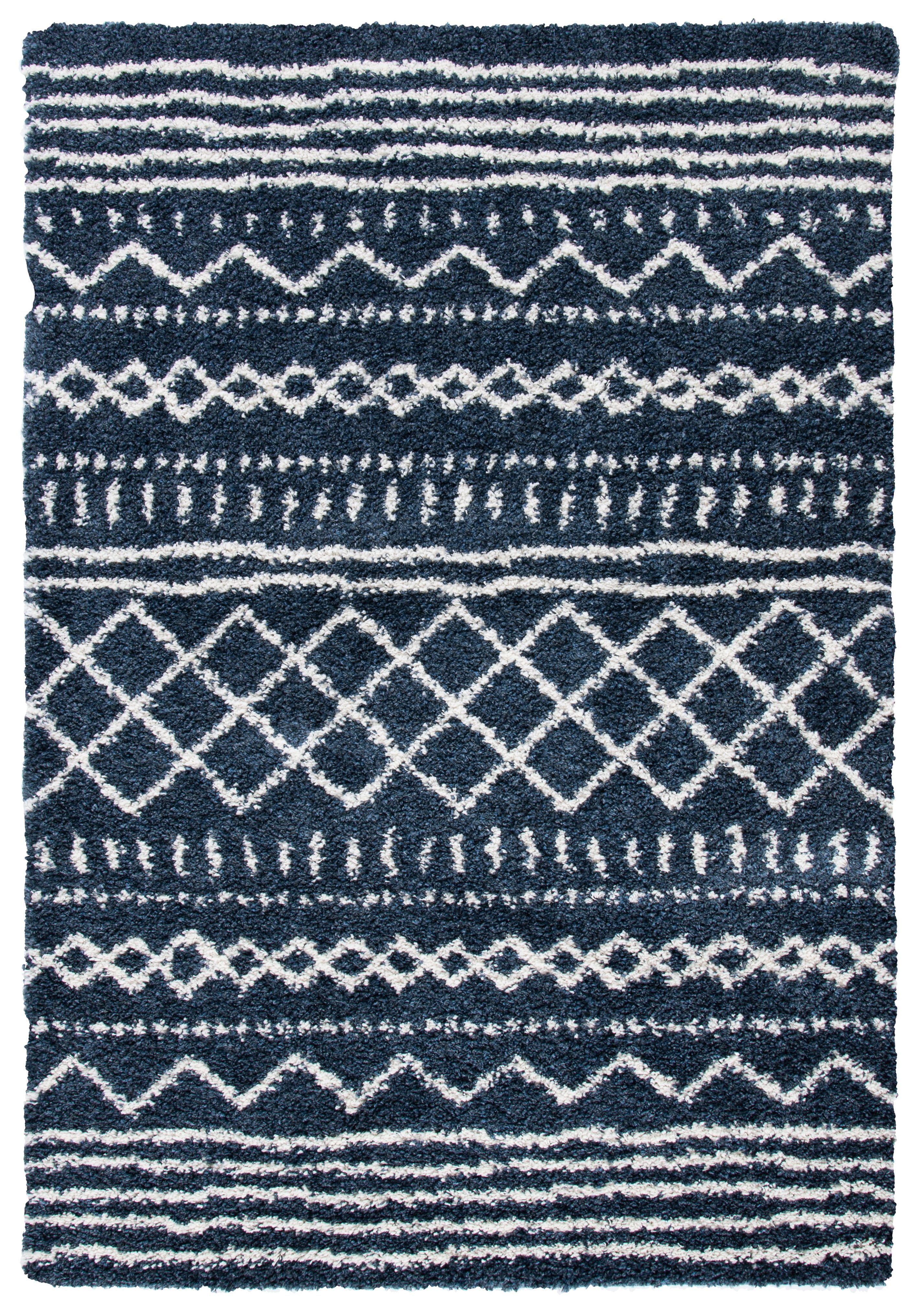 Slate Blue and Ivory Rectangular Geometric Shag Area Rug