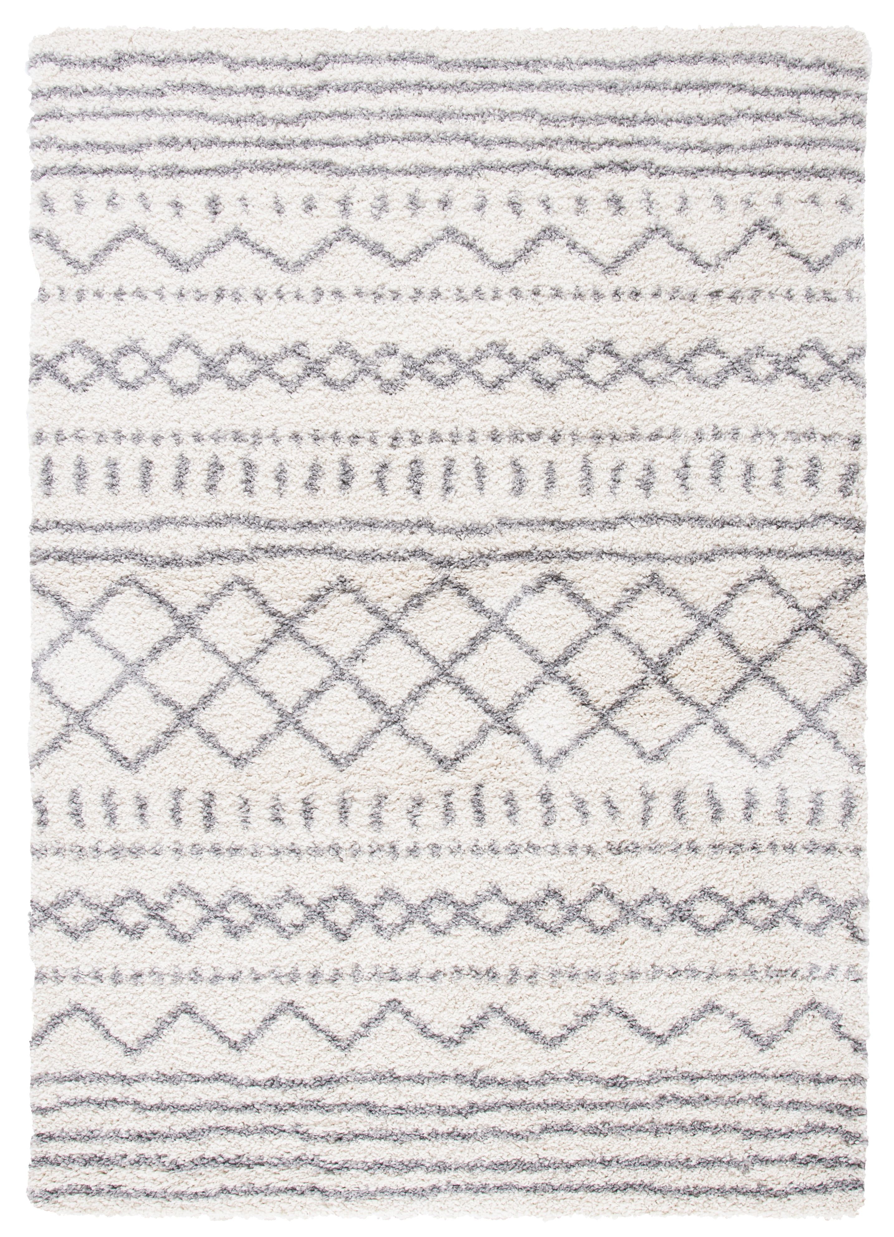 Ivory and Grey Geometric Shag Area Rug, 4' x 6'