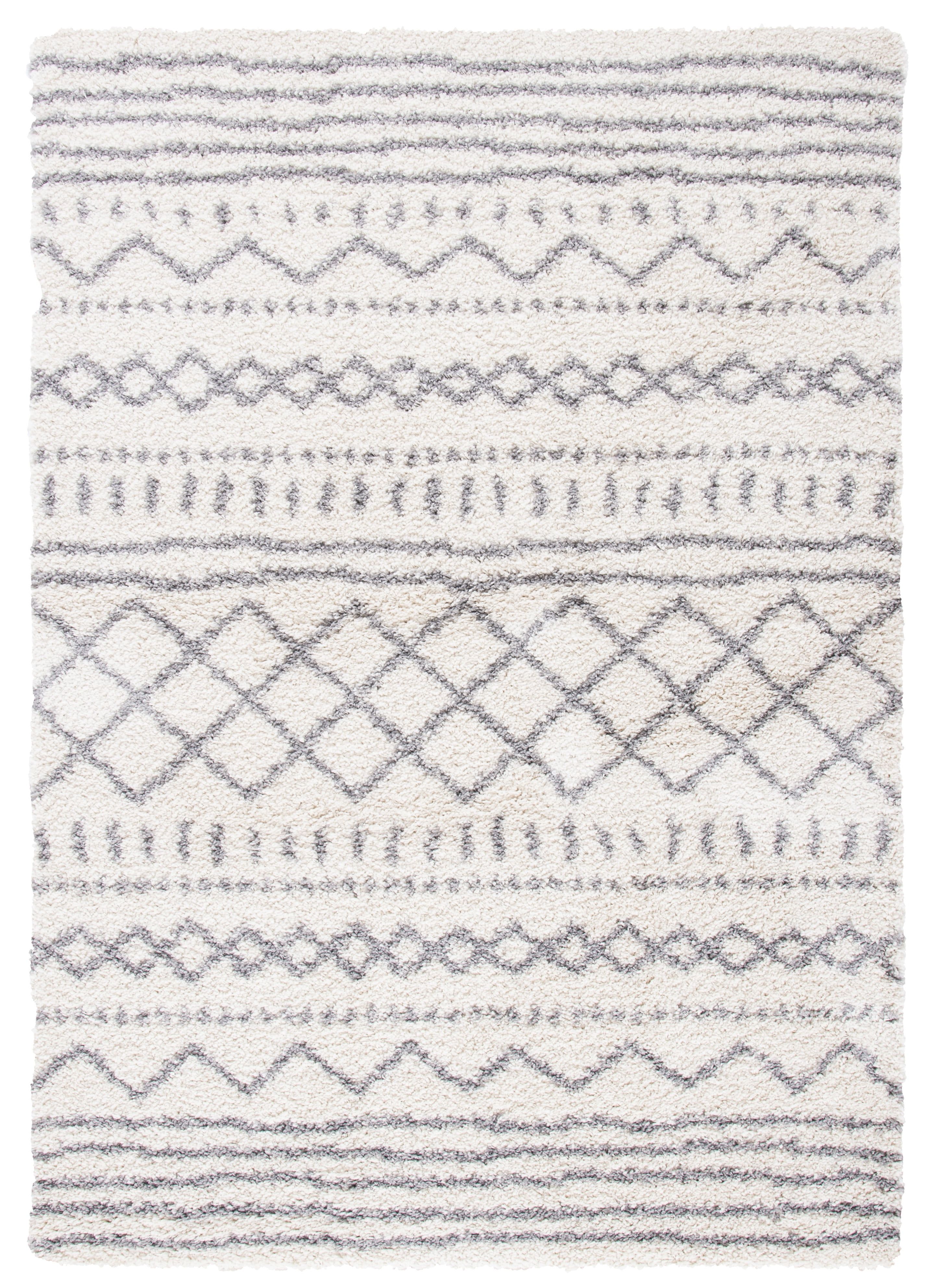 Ivory and Grey Geometric Shag Area Rug, 4' x 6'