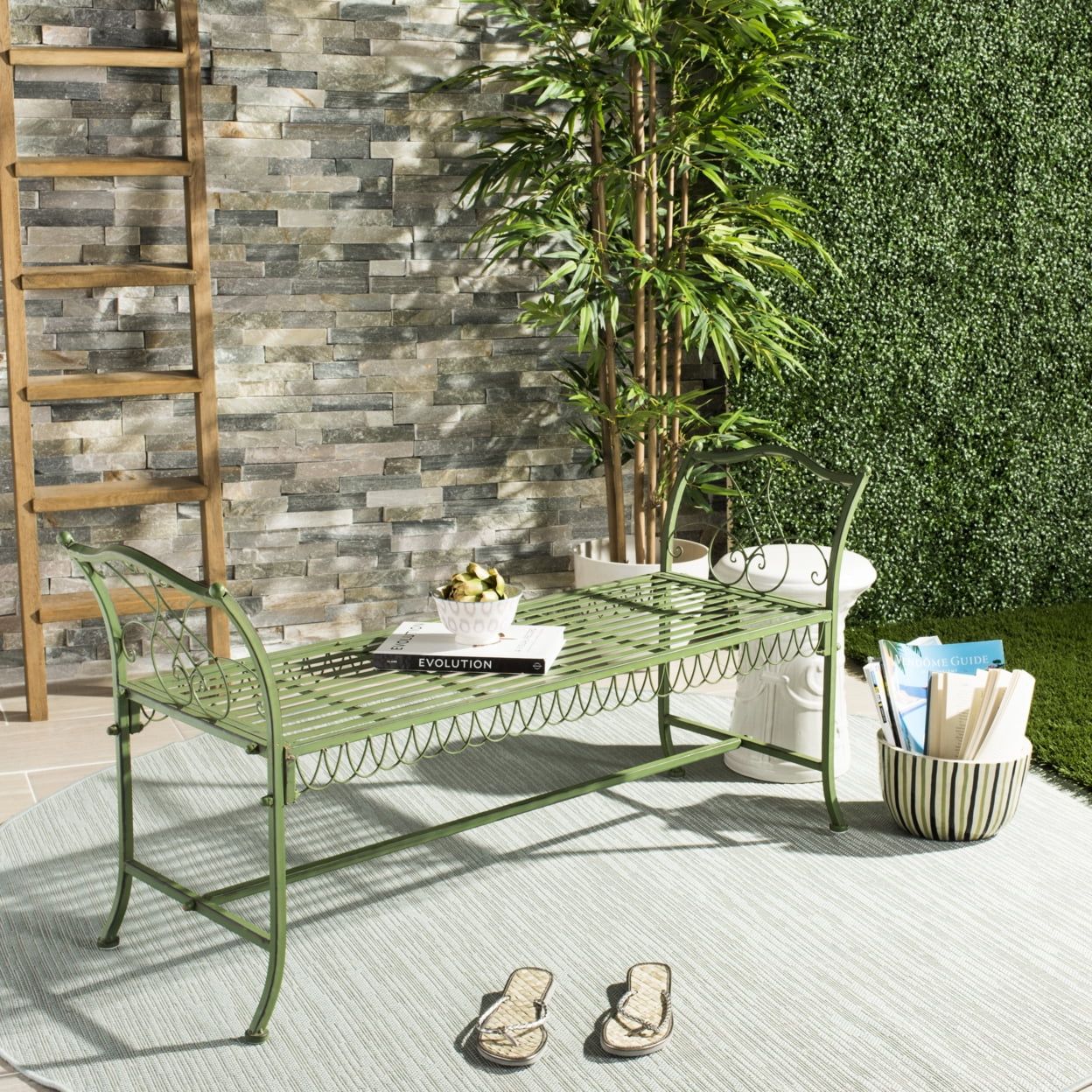 Arona 51" Antique Green Iron Outdoor Bench