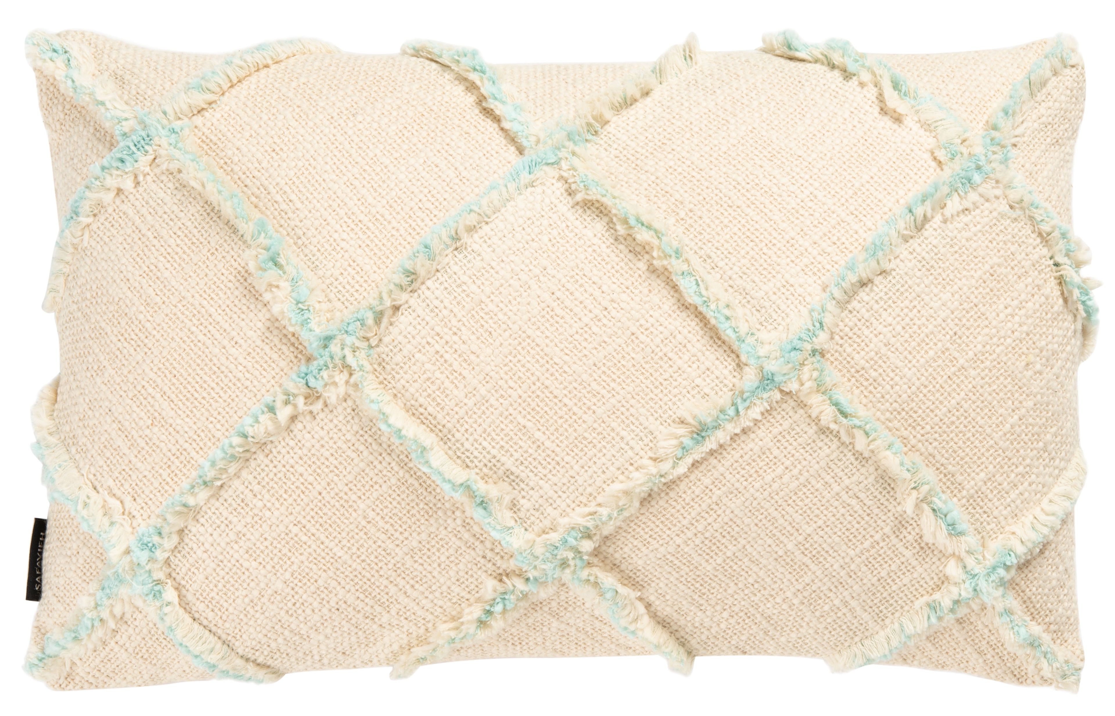 Ashlin Beige and Teal Fringed Cotton Throw Pillow