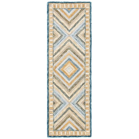 Handmade Blue Geometric Wool Tufted Runner Rug 2'3" x 9'