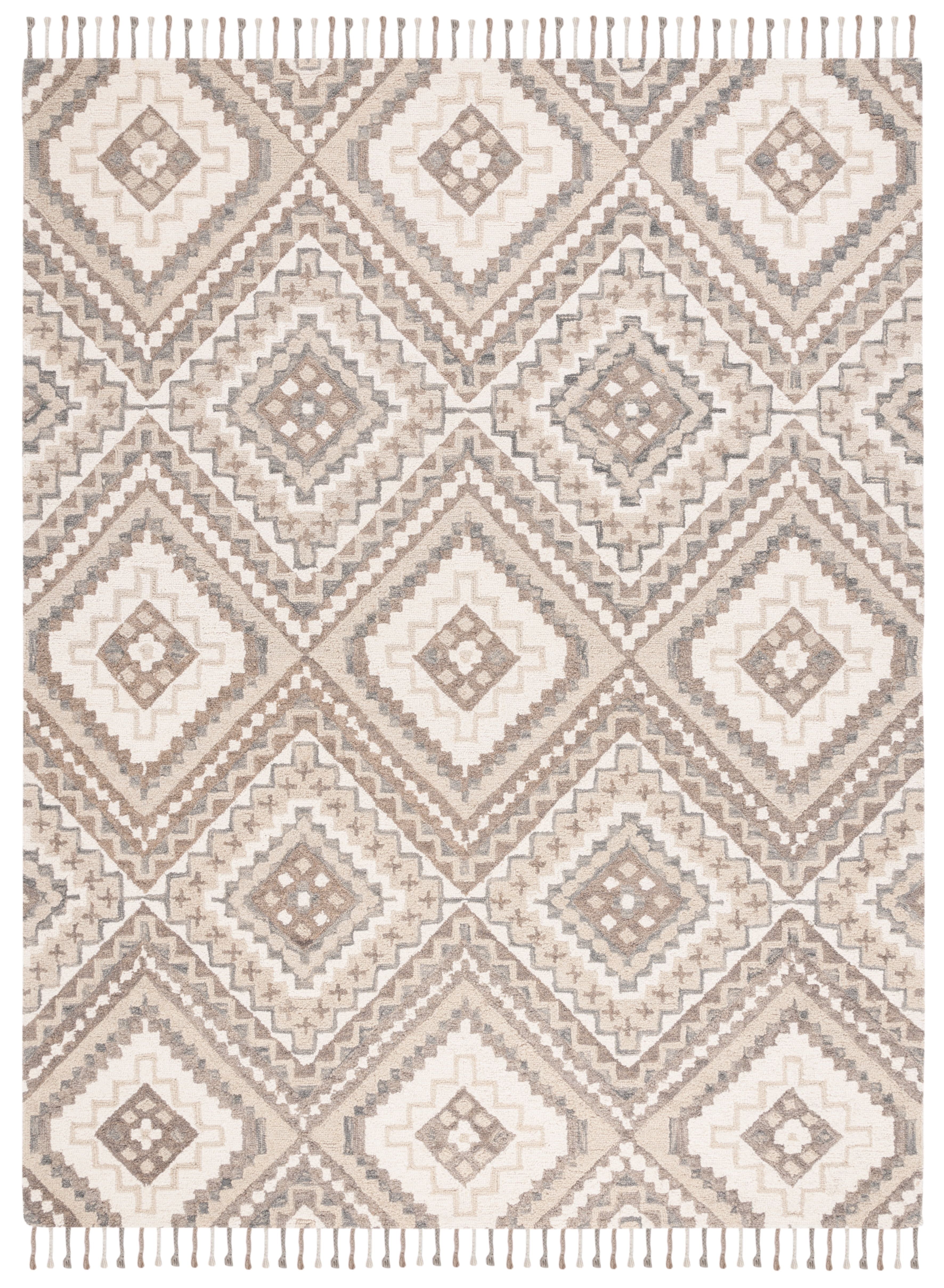 Ivory and Taupe Geometric Wool Area Rug with Fringe, 9' x 12'