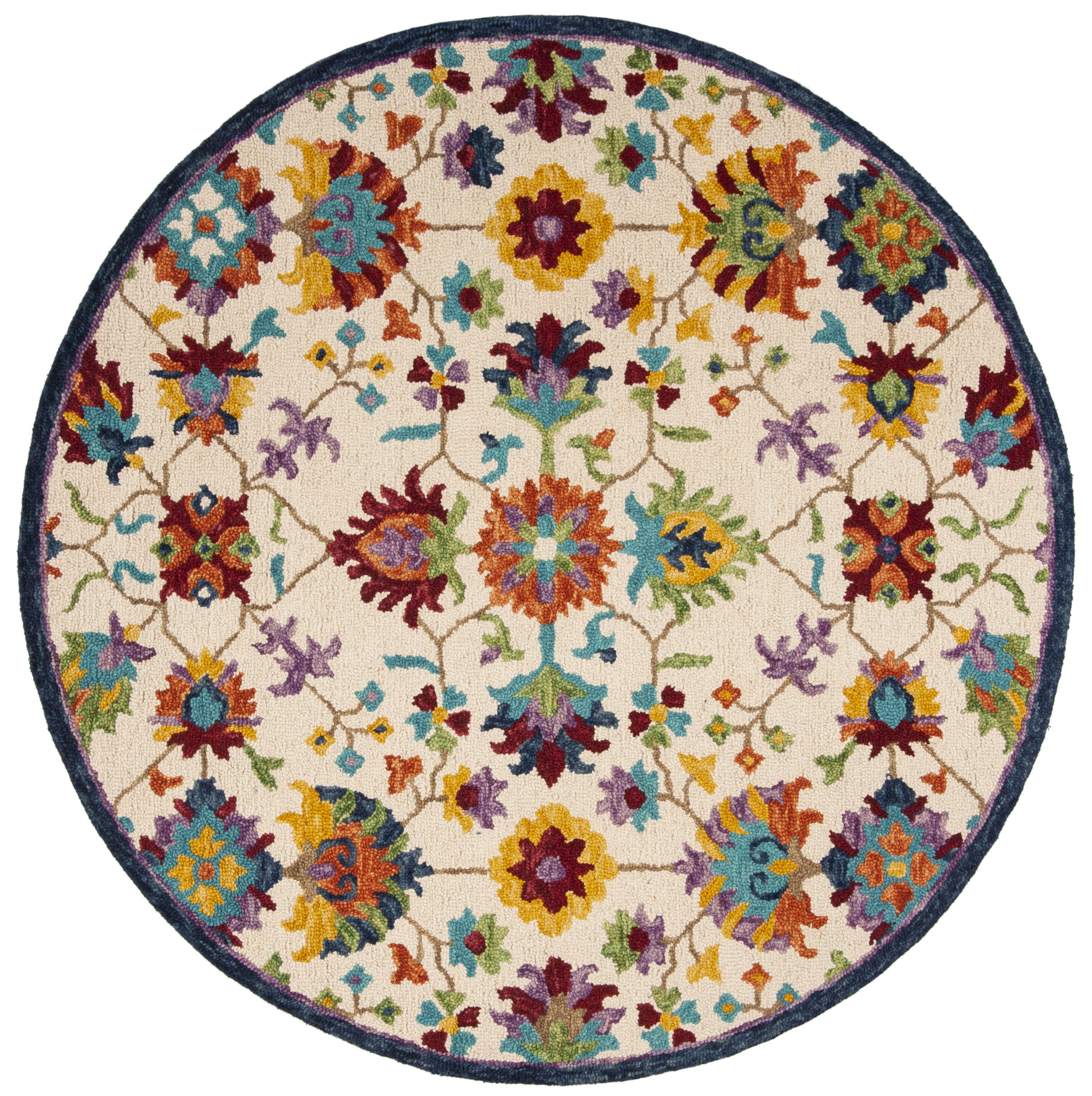 Handmade Tufted Round Blue Floral Wool Rug - 59 in