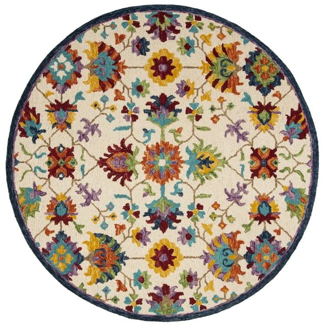 Handmade Tufted Round Blue Floral Wool Rug - 59 in