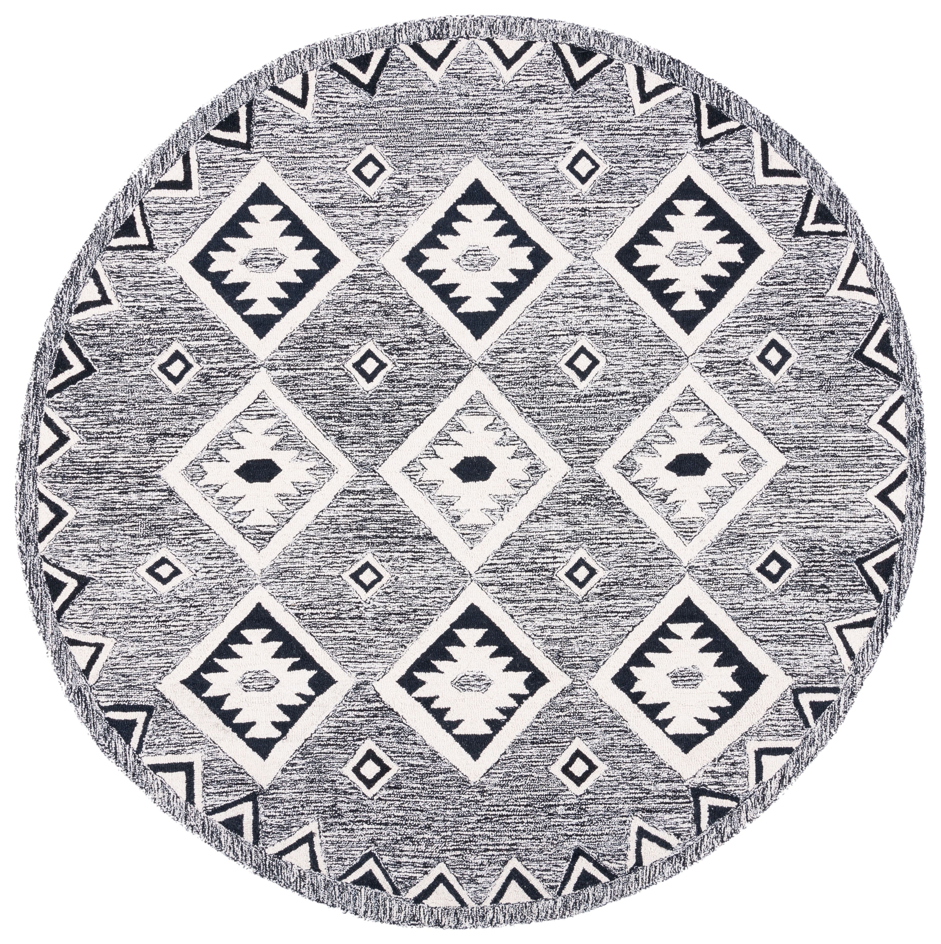 Handmade Black and Ivory Geometric Wool Round Rug, 36"