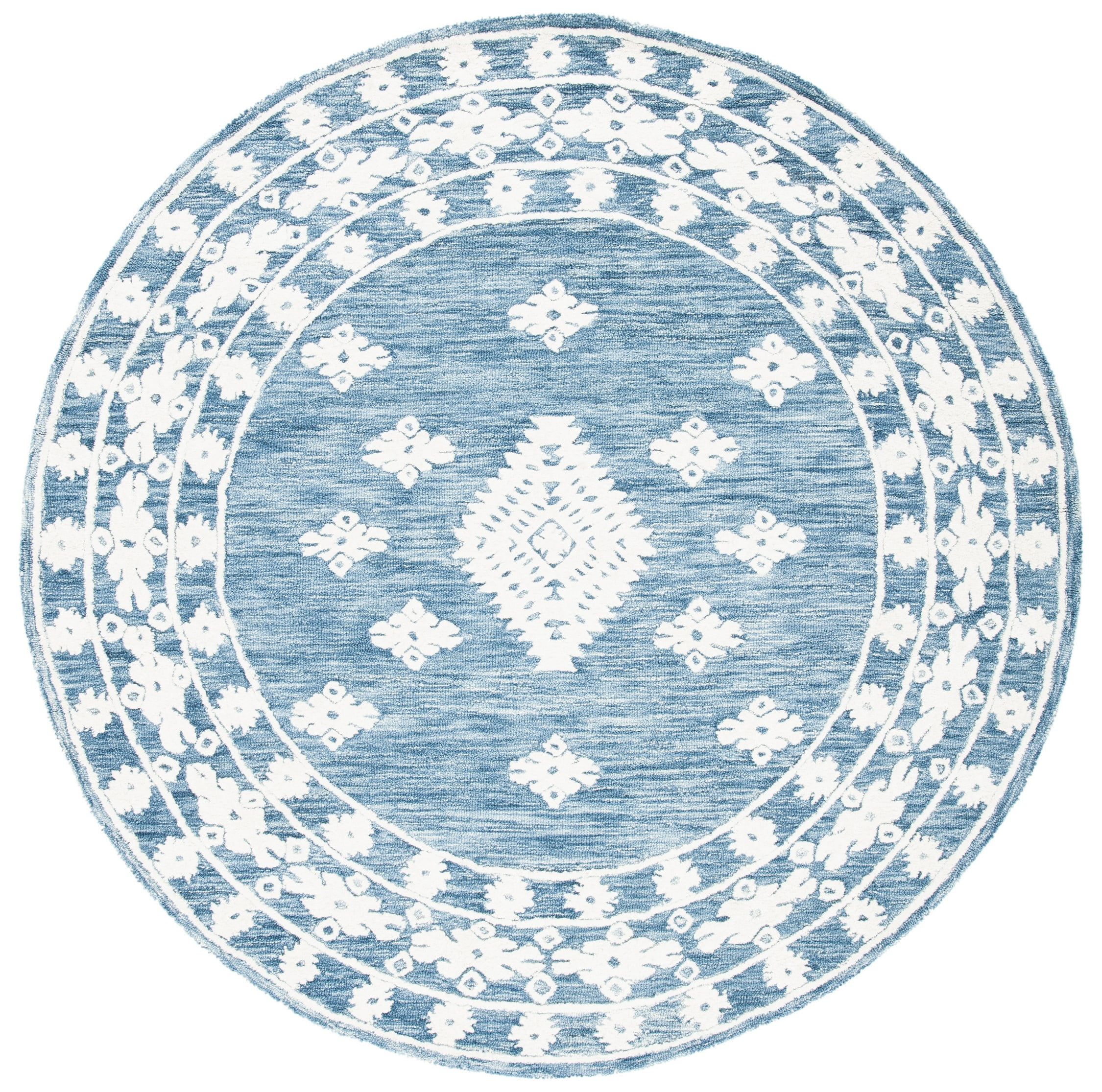 Ivory and Blue Geometric Round Wool Area Rug, 7'