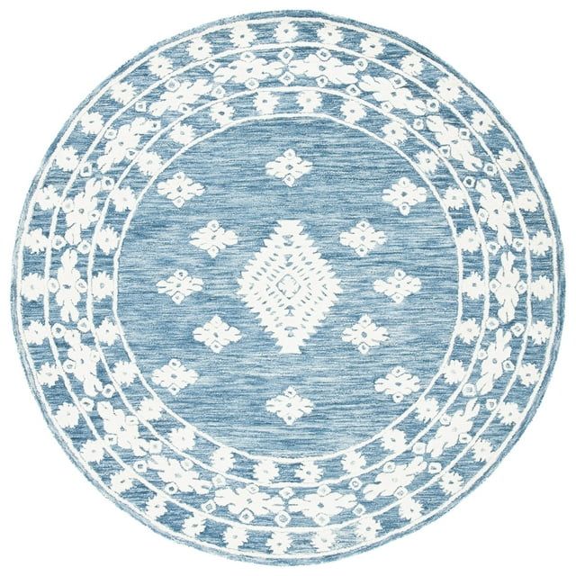 Ivory and Blue Geometric Round Wool Area Rug, 7'