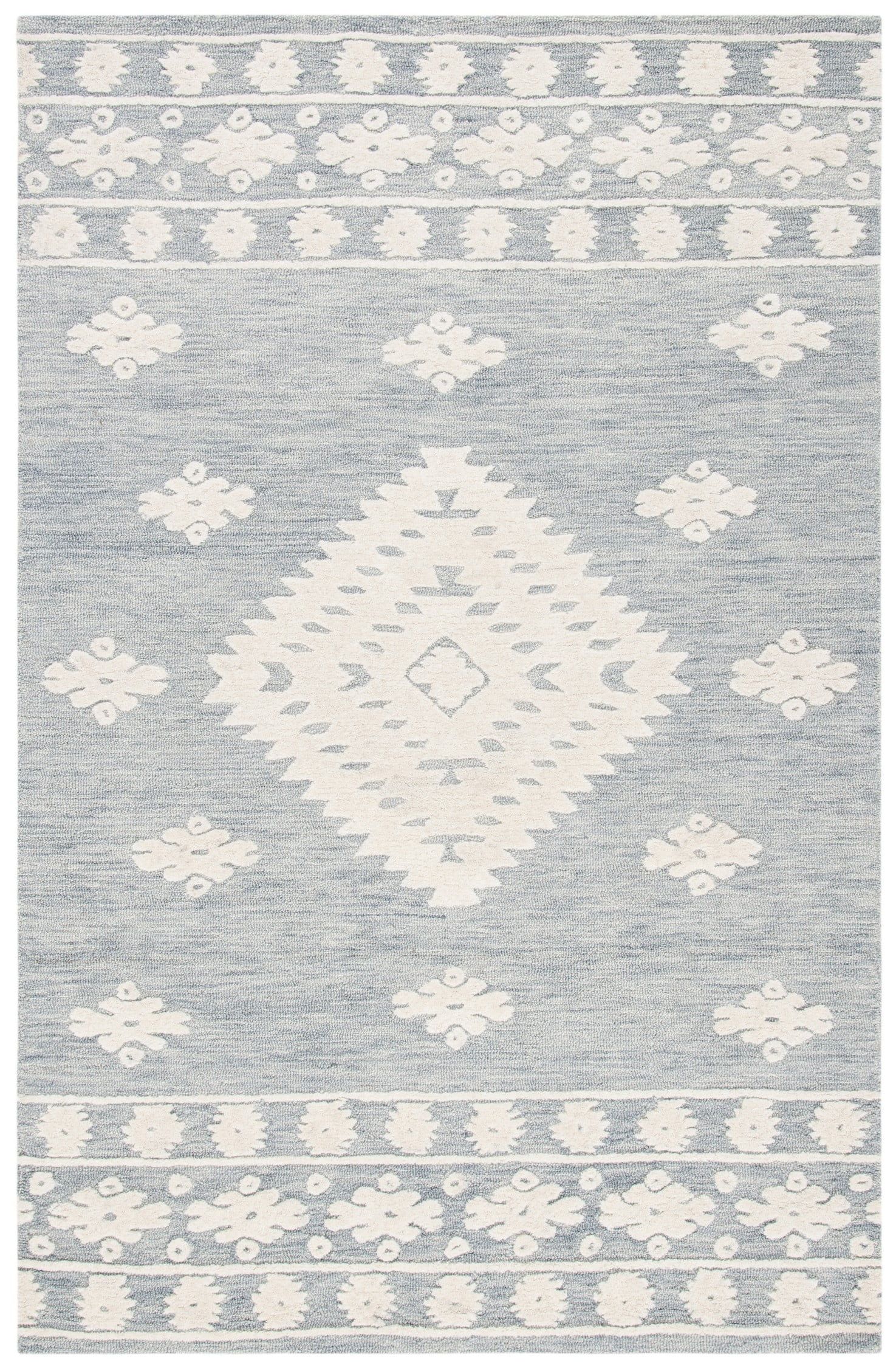 Ivory and Light Grey Handmade Wool Geometric Area Rug, 3' x 5'