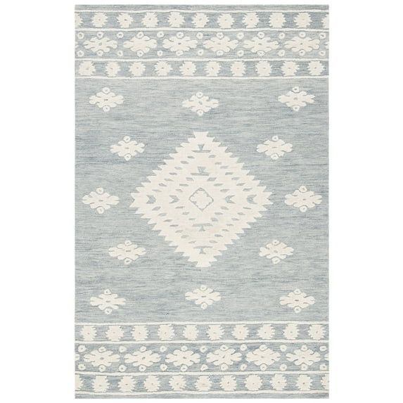 Ivory and Light Grey Handmade Wool Geometric Area Rug, 3' x 5'
