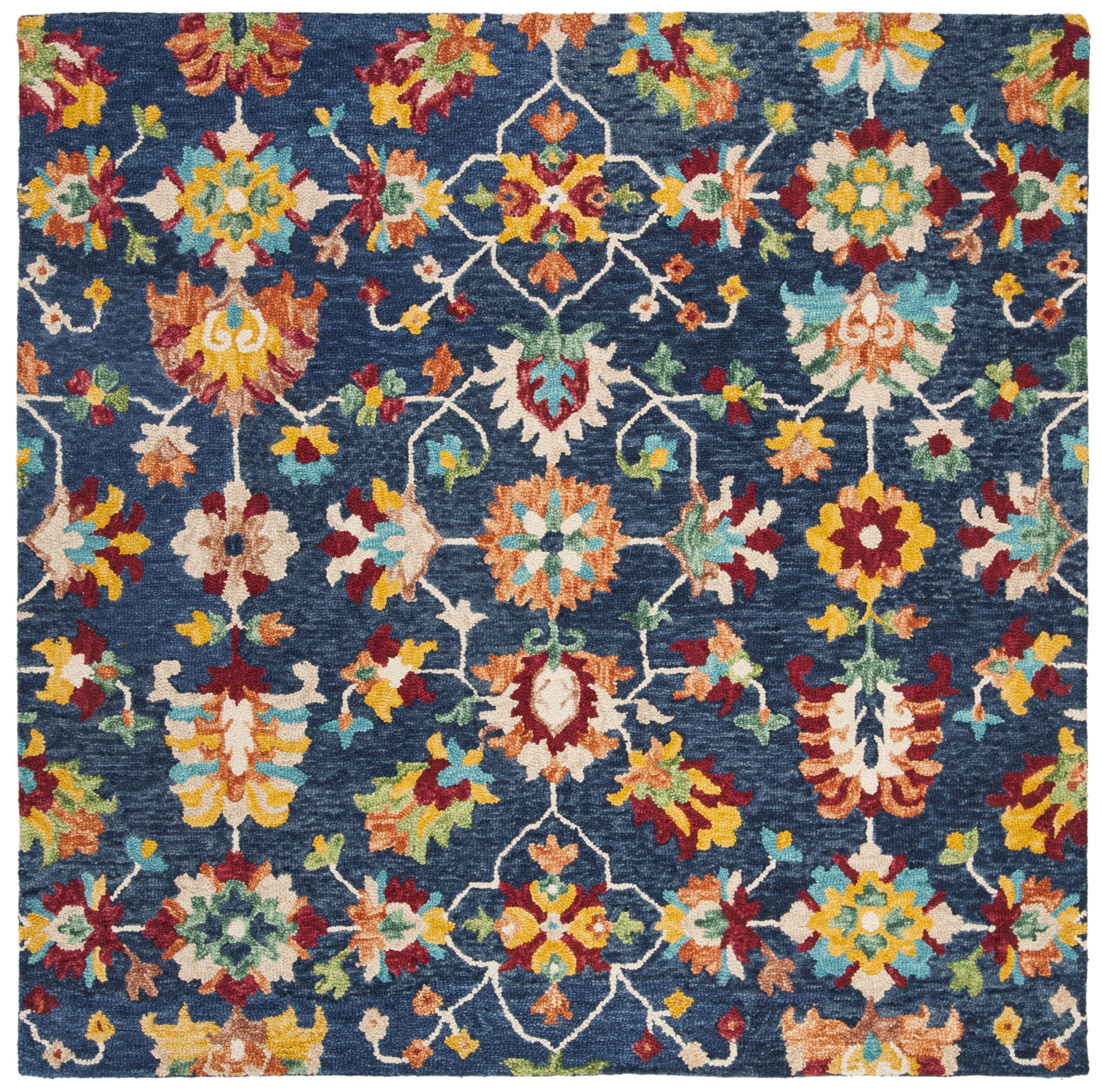 Handmade Square Red and Navy Wool Floral Area Rug