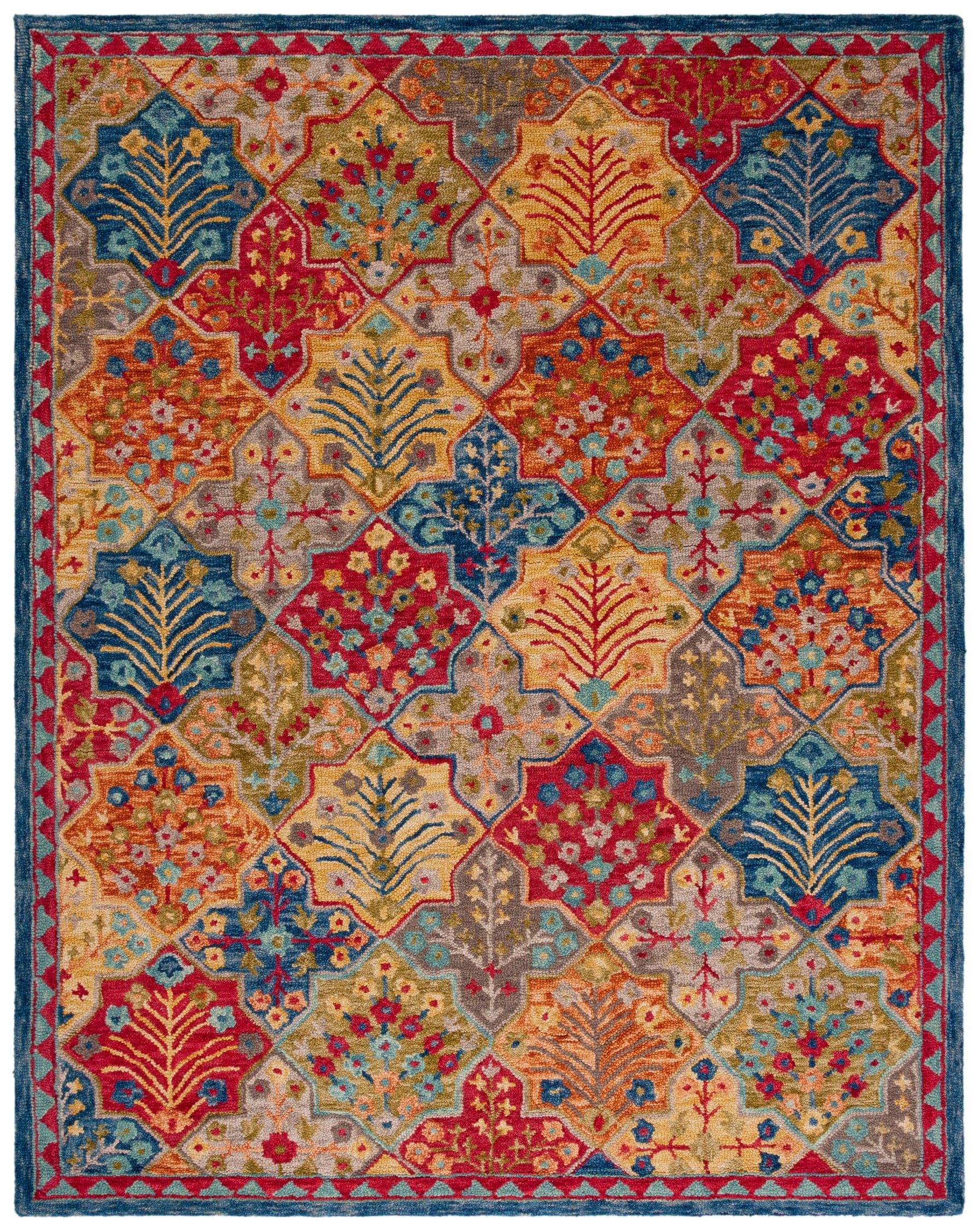 Aspen Blue and Orange Floral Motif Wool Area Rug 9' x 12'