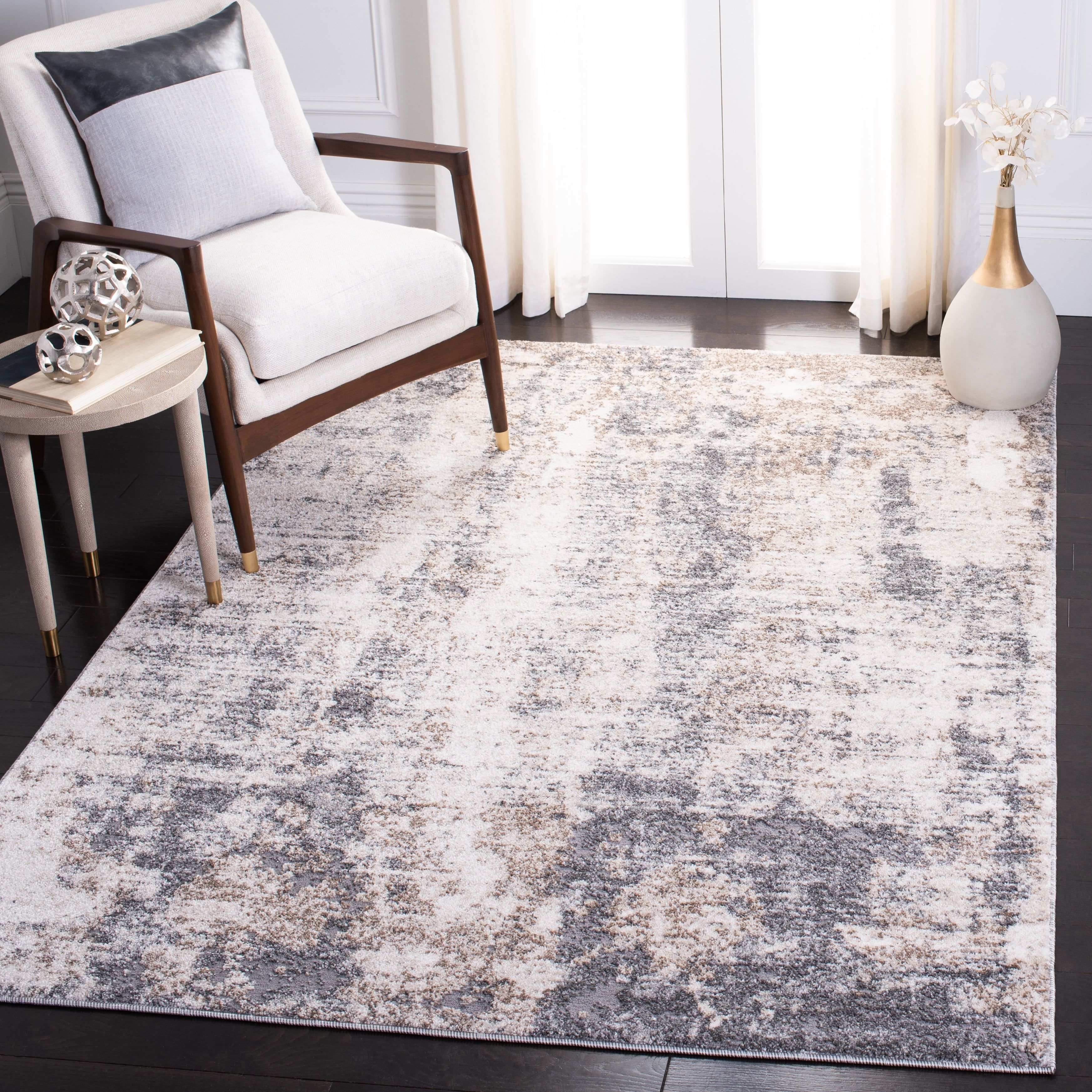 Ivory and Gray Abstract Synthetic Area Rug, 5'3" x 7'7"